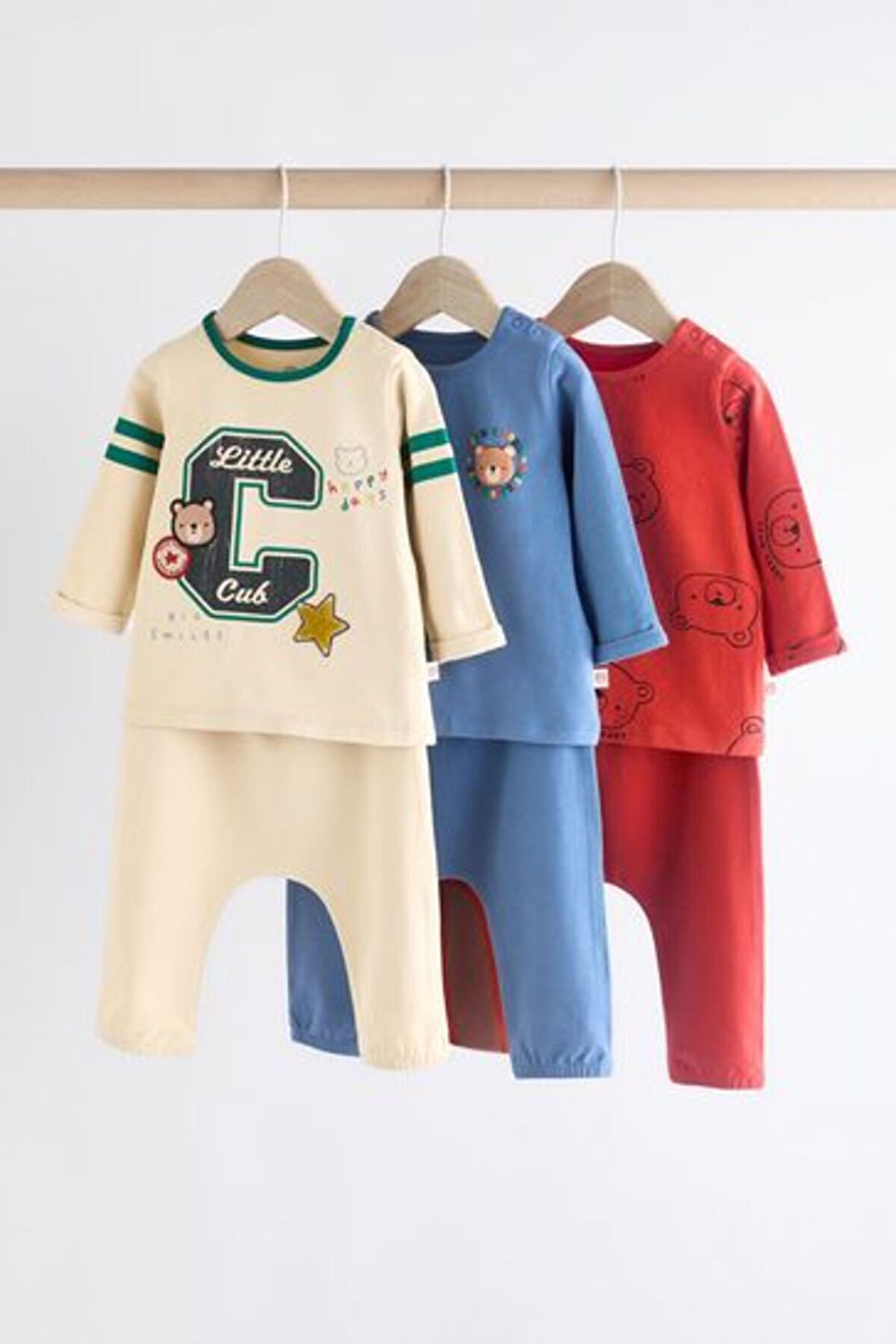 Next Baby Pamuklu Krem Mavi Kırmızı Varsity Ayı Desenli 3'lü Alt Üst Takım