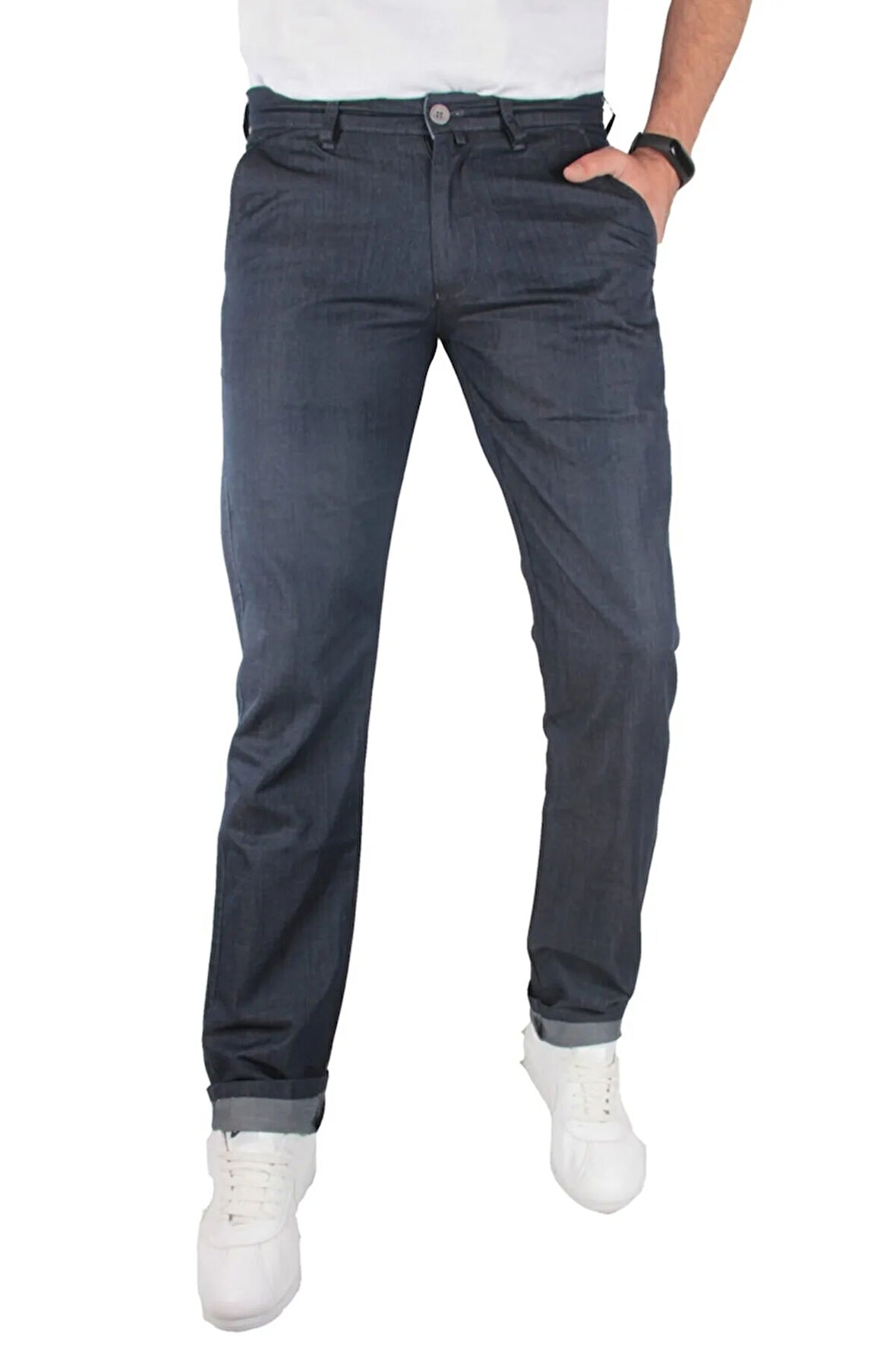 Erkek Koyu Mavi Yan Cepli Likrasız Klasik Ince Kot Pantolon