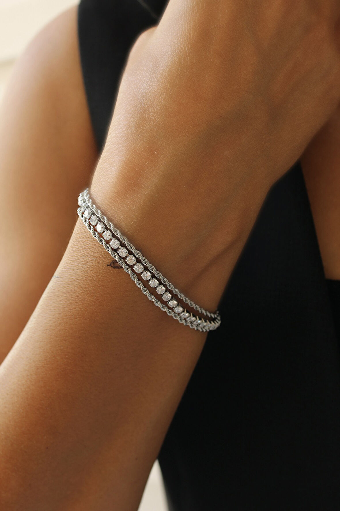 3Lü Silver Taşlı Zincirli Çelik Bileklik