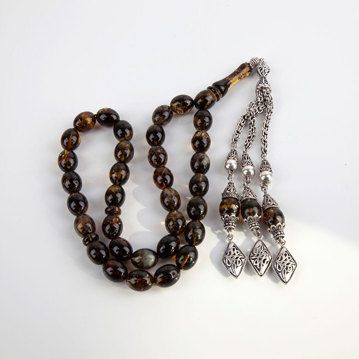 Baltık Kaya 925Ayar Gümüş Püskül Damla Beyzi Kesim 10x13mm Tesbih (51gr)