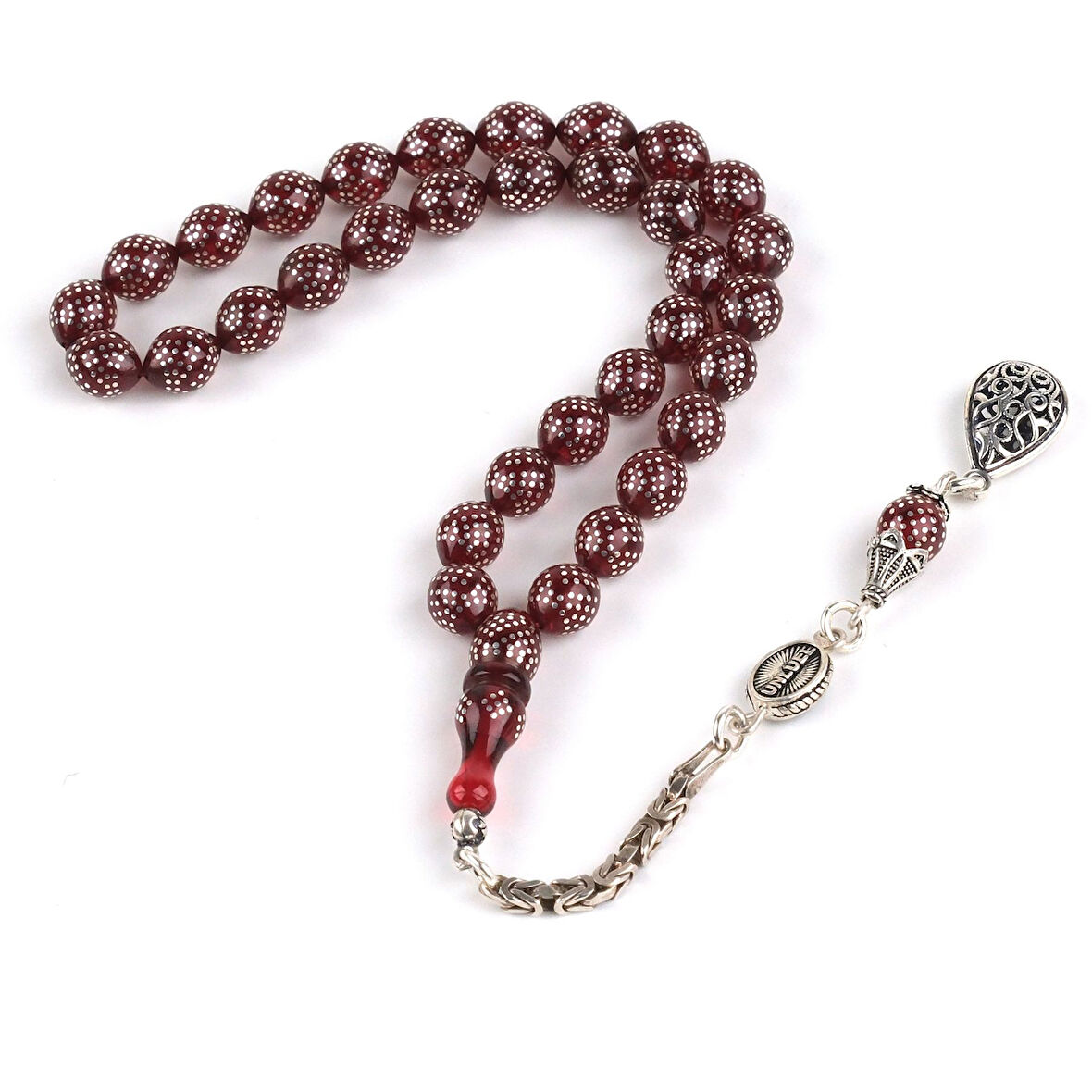 Ateş Kehribar 925Ayar Gümüş Çakım ve Püskül Bilek Boy Beyzi Kesim 7x8.5mm Tesbih