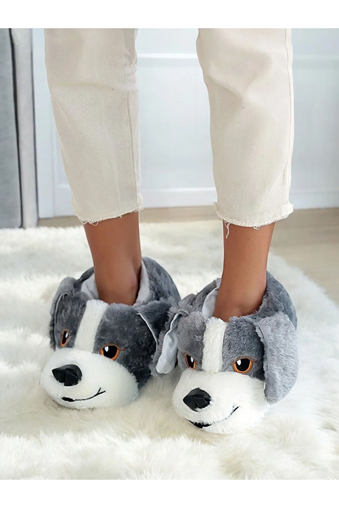 Unisex Eva Tabanlı suni pelüş görünümlü köpek figürlü ev içi rahat terlik gri / 39-40