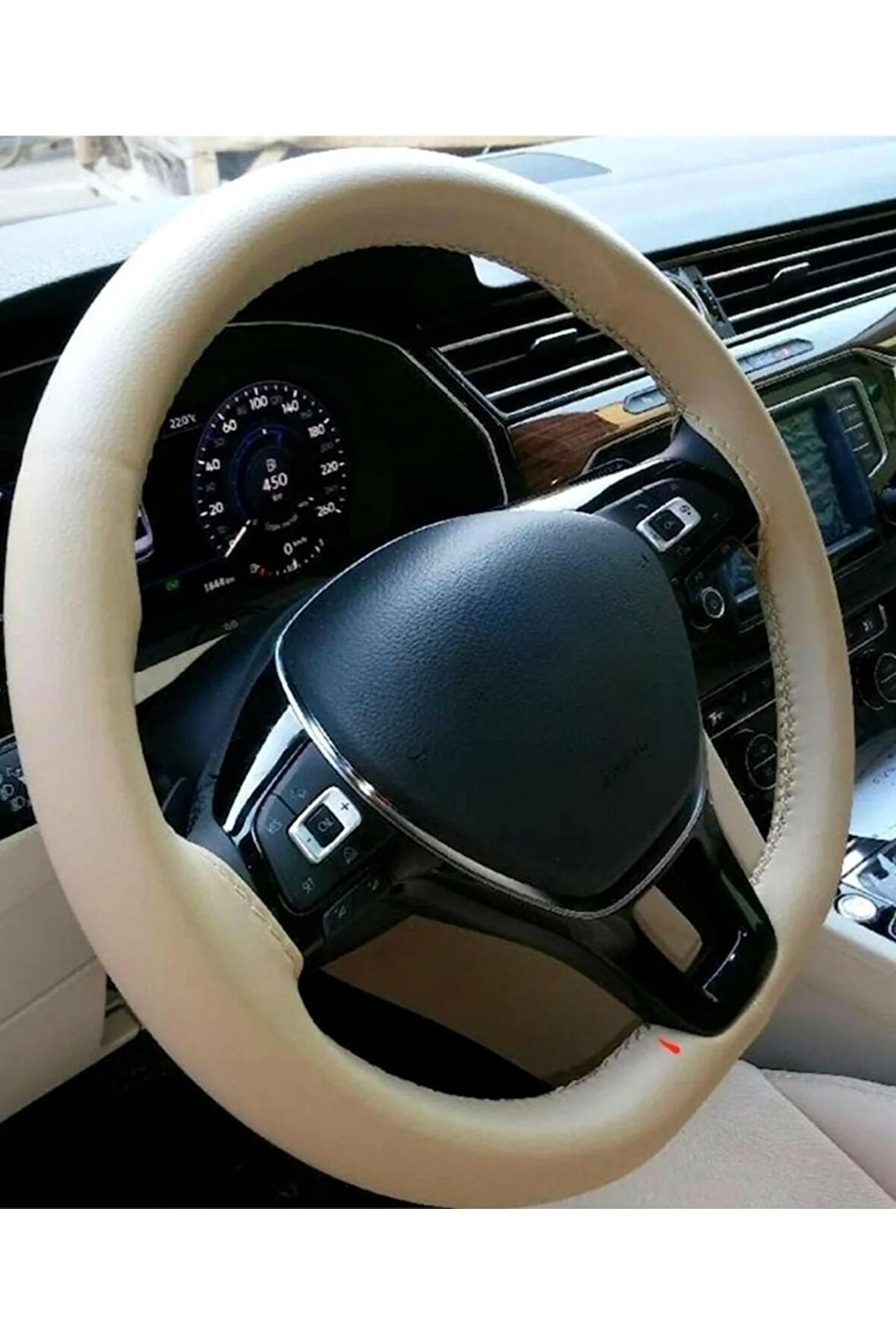 Vw Passat Uyumlu B6 Dikmeli Deri Direksiyon Kılıfı Bej Renk