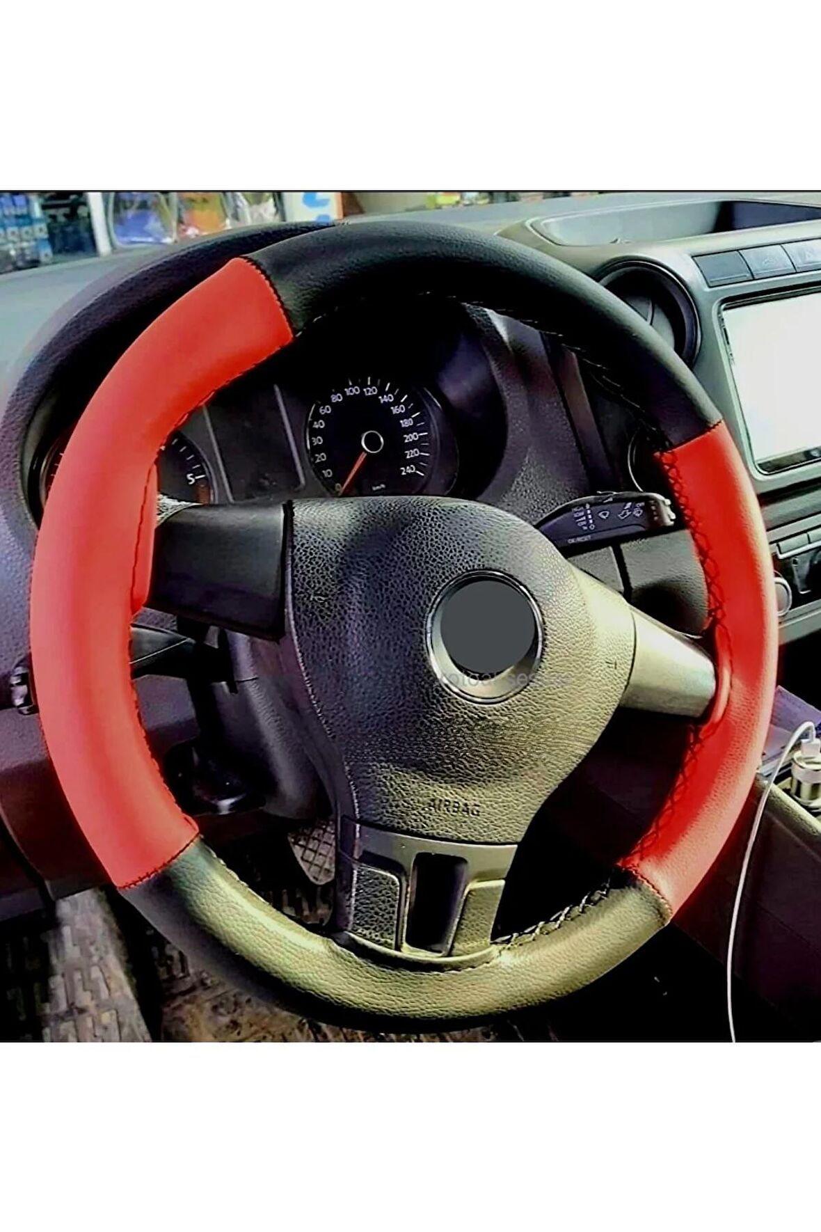 Vw Passat B6 Uyumlu Deri Direksiyon Kılıfı Iki Renkli Kırmızı-Siyah