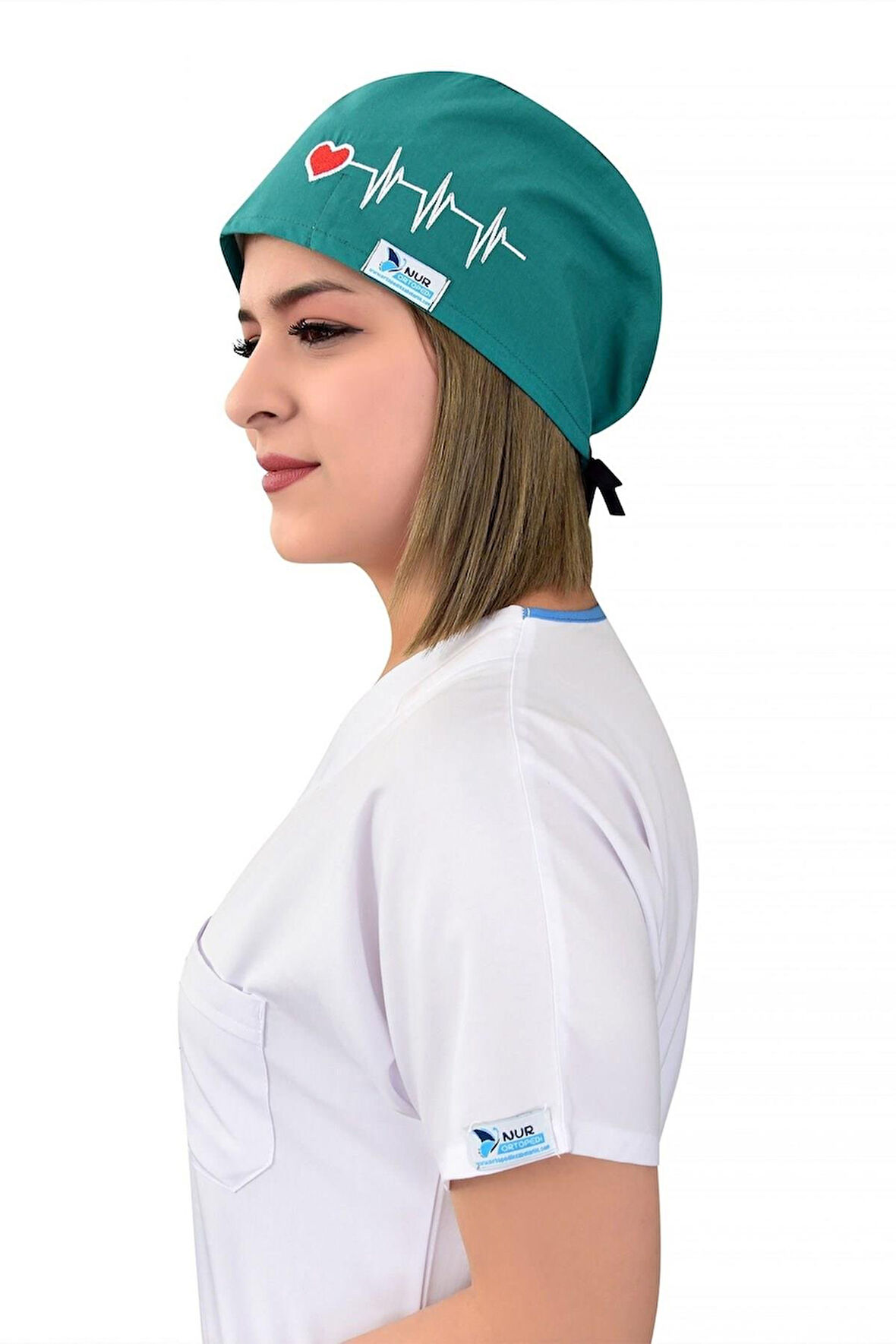 Unisex Yeşil Kalp Ritim Nakışlı Cerrahi Bone Hemşire Saç Bonesi