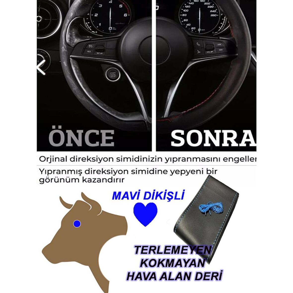 DODGE NITRO uyumlu araç,oto direksiyon kılıfı mavi dikiş