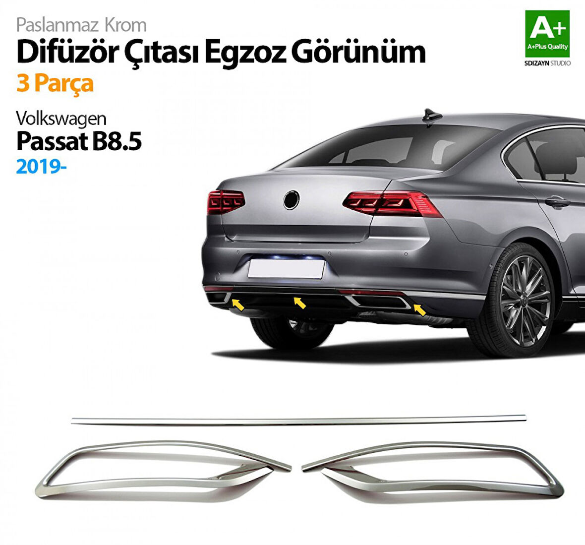 Vw Yeni Passat B8.5 Krom Egzoz Görünümü 3 Parça 2019-