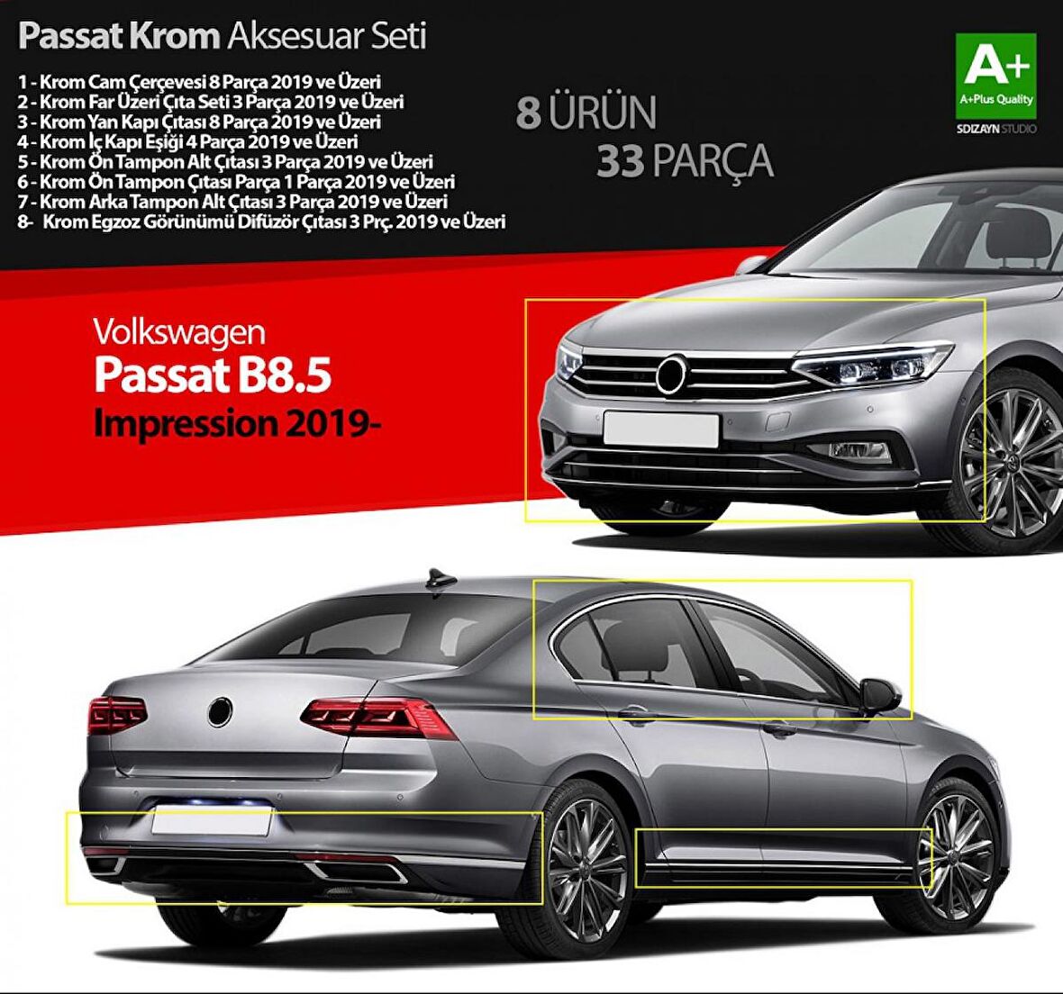 Paspasgarajı VW Passat B8.5 Impression Krom Aksesuar Seti 33 Parça A+Kalite