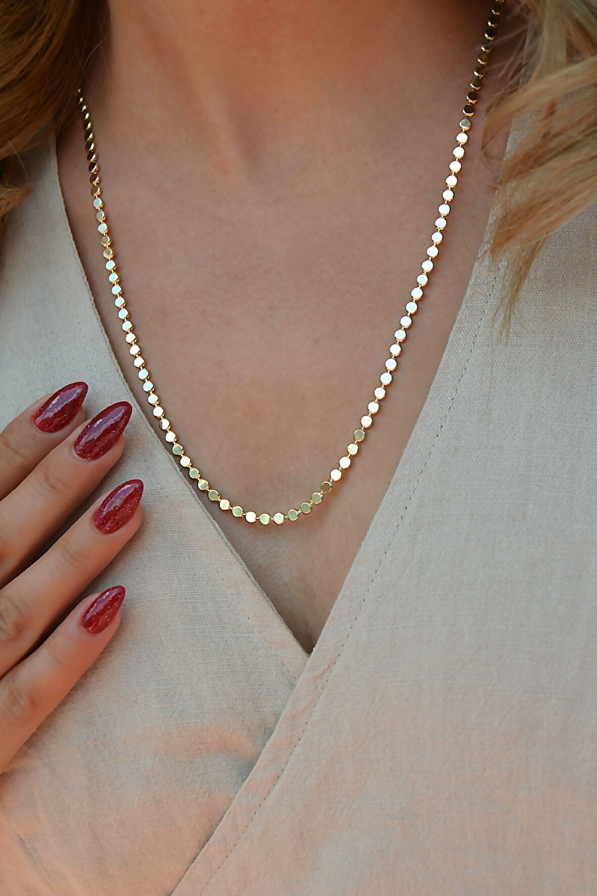 14K Gold Kaplama Ezme Zincir Kolye – Işıltılı Pul Model (60 cm)