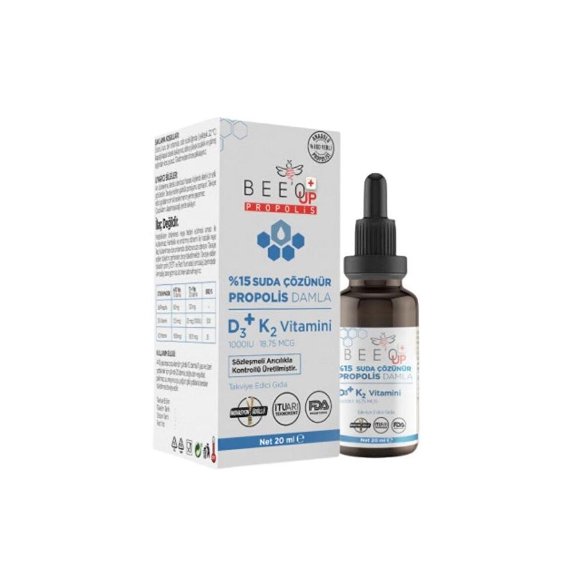 %15 Suda Çözülür Propolis Damla D3+K2 Vitamini İçeren Takviye Edici Gıda 20ml