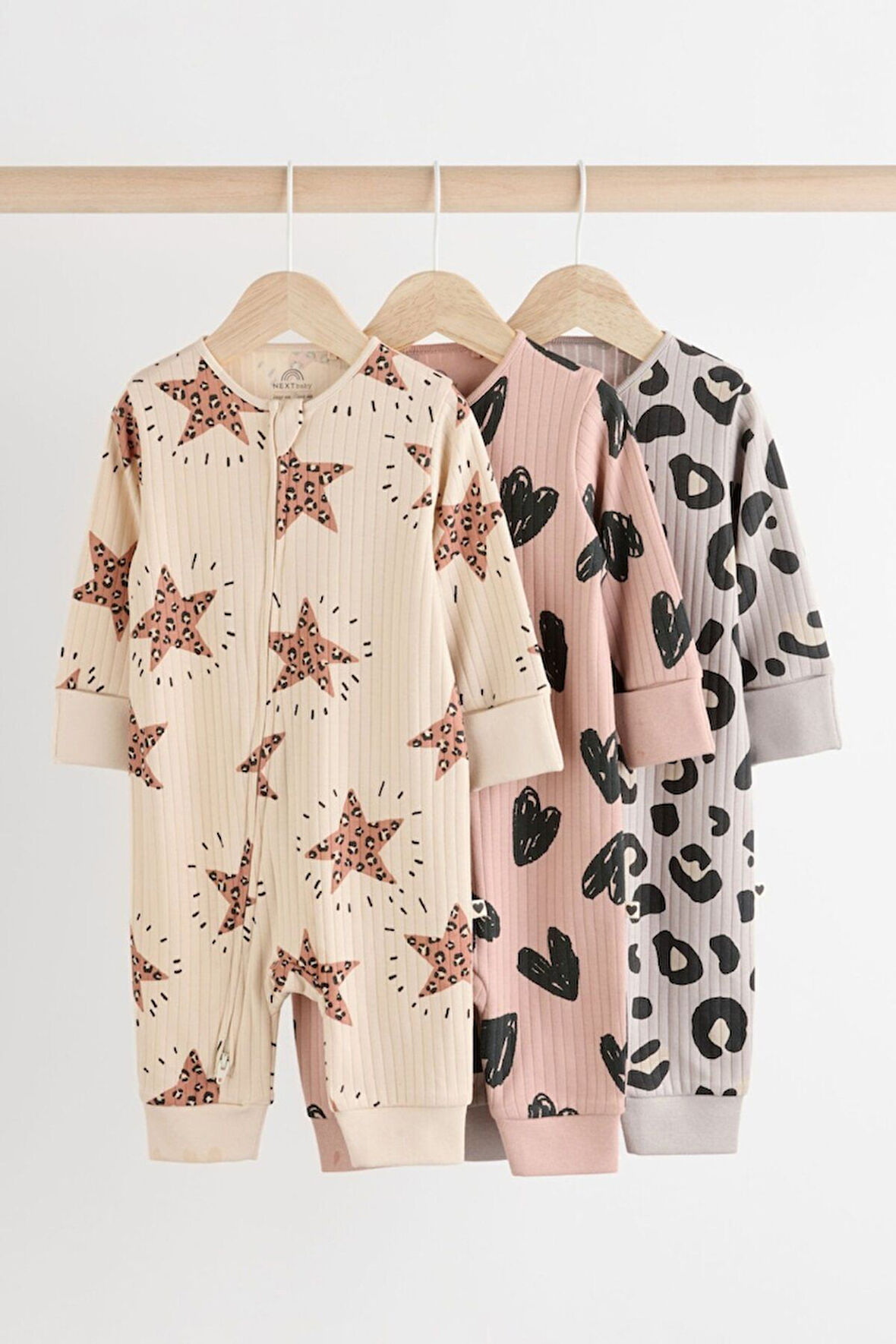 Next Baby % 100 Pamuklu Krem Pembe Yıldız Desenli 3'lü Tulum Set