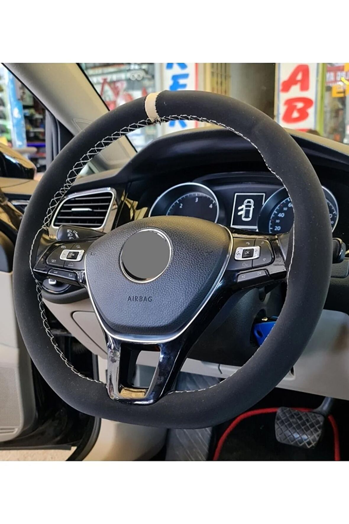 Vw Passat B8 Uyumlu Dikmeli Direksiyon Kılıfı Alkantara Bej Yüzüklü