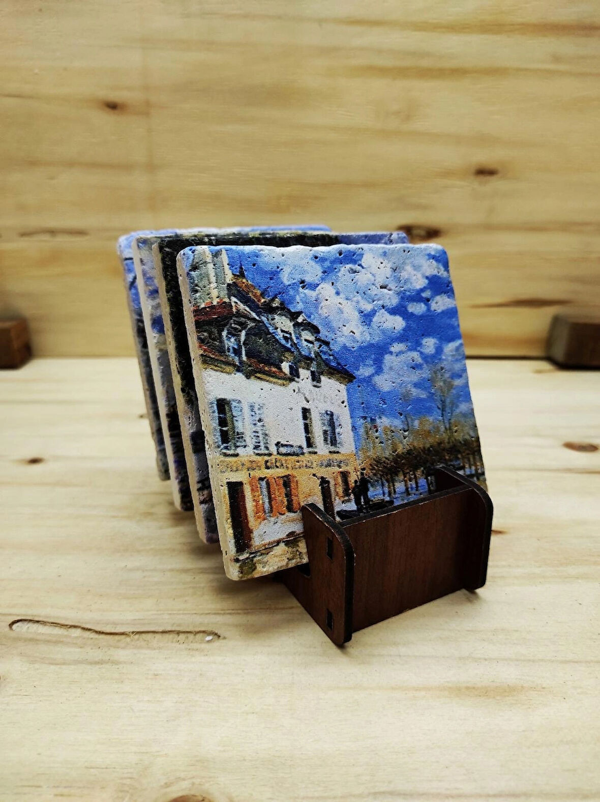 Alfred Sisley - Taş Bardak Altlığı 4'lü Set Standlı