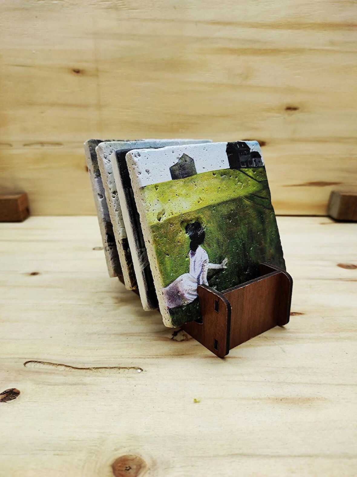 Andrew Wyeth - Traverten Bardak Altlığı 4'lü Set Standlı