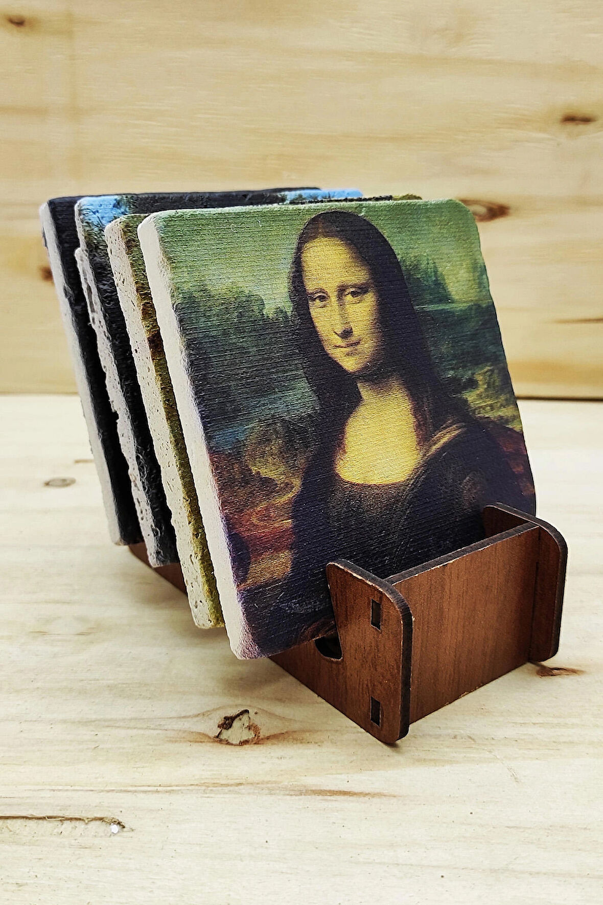 Leonardo Da Vinci - Taş Bardak Altlığı 4'lü Set Standlı