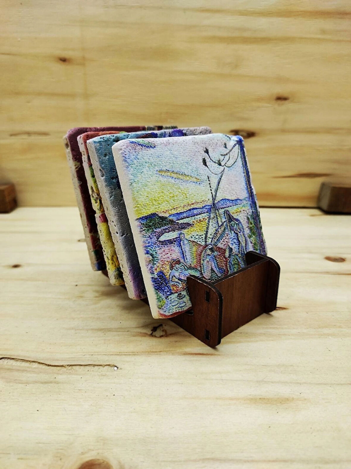 Matisse - Taş Bardak Altlığı 4'lü Set Standlı