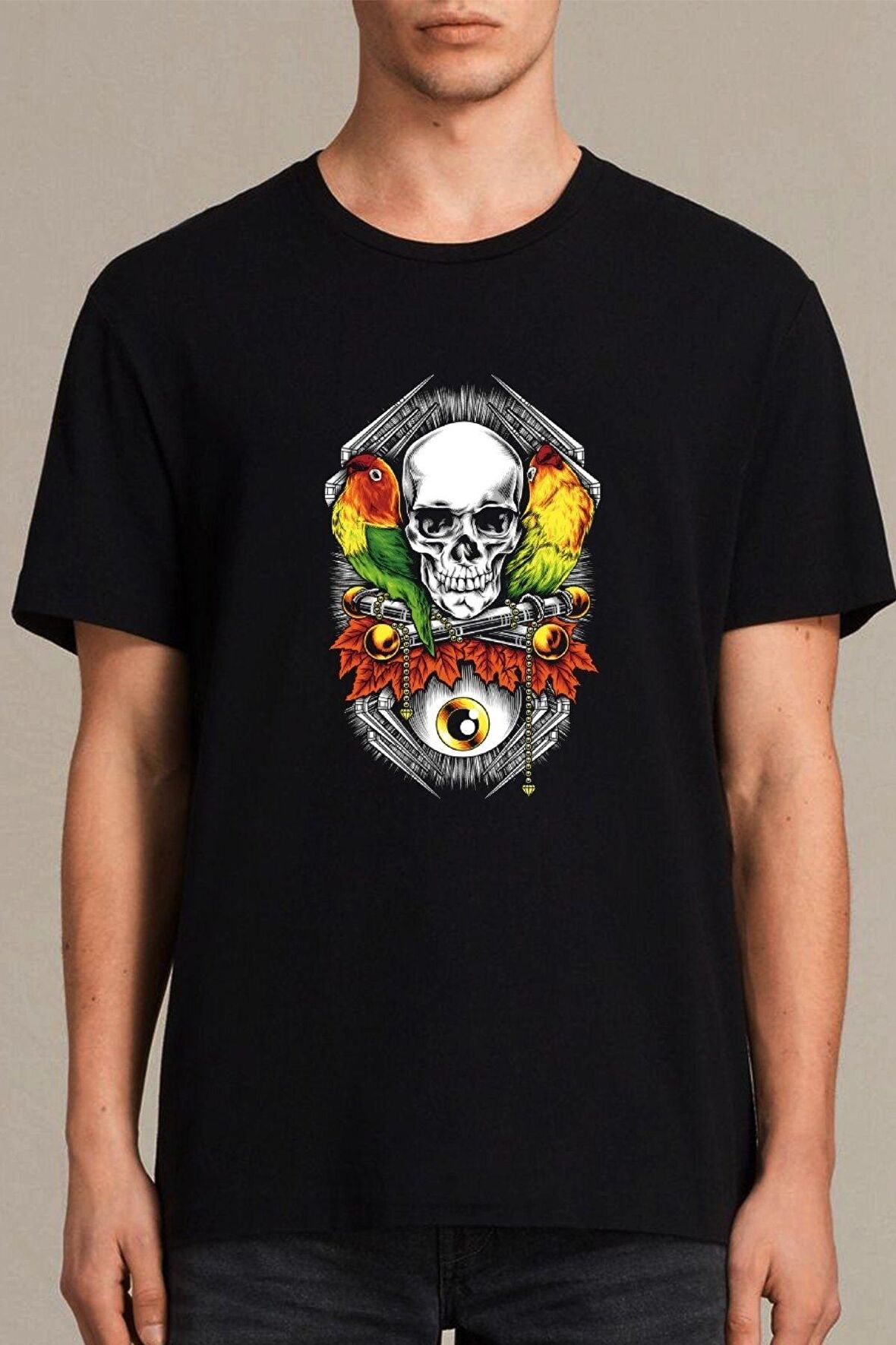 Erkek Siyah Papağan Ve Kurukafa T-Shirt