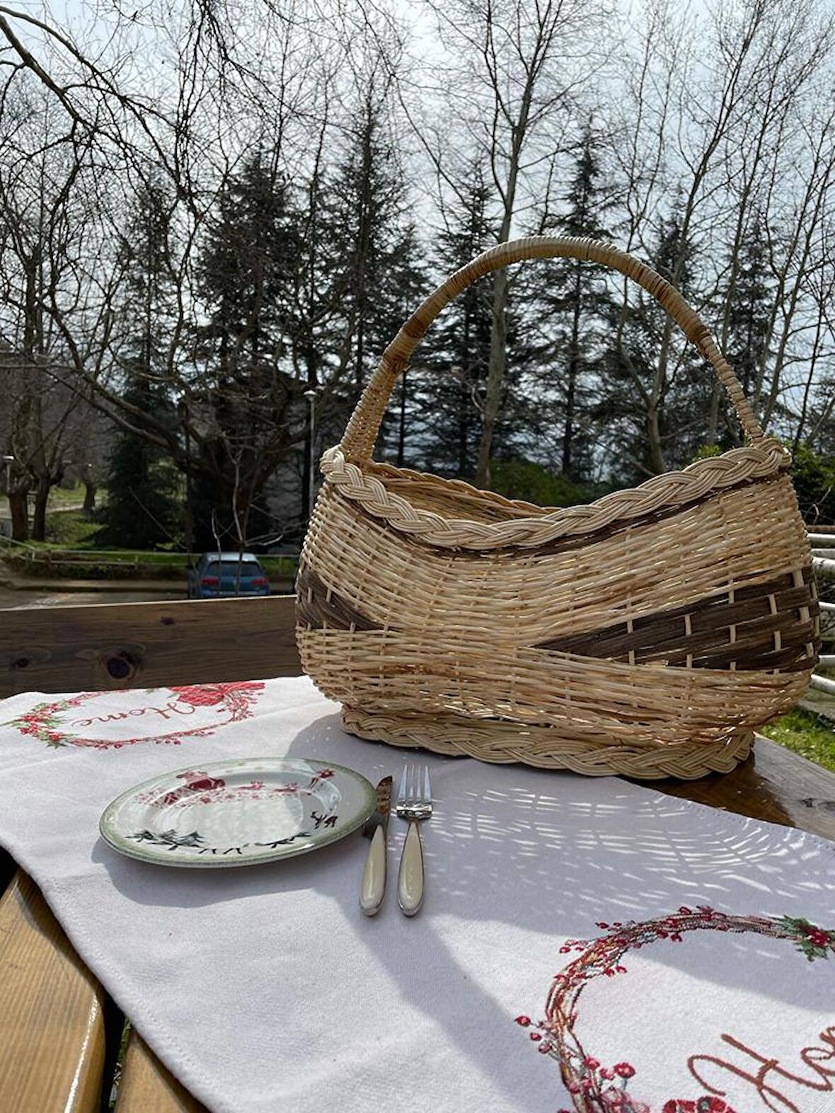 Beyaz Atölyem Çift Renk Gondol Hasır Örgülü Estetik Piknik Sepeti Büyük Boy