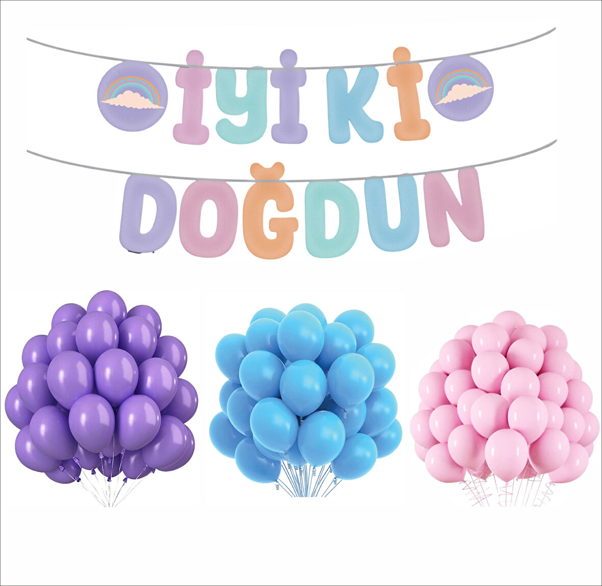 Makaron Banner+ Mor, Mavi, Pembe Balon Seti
