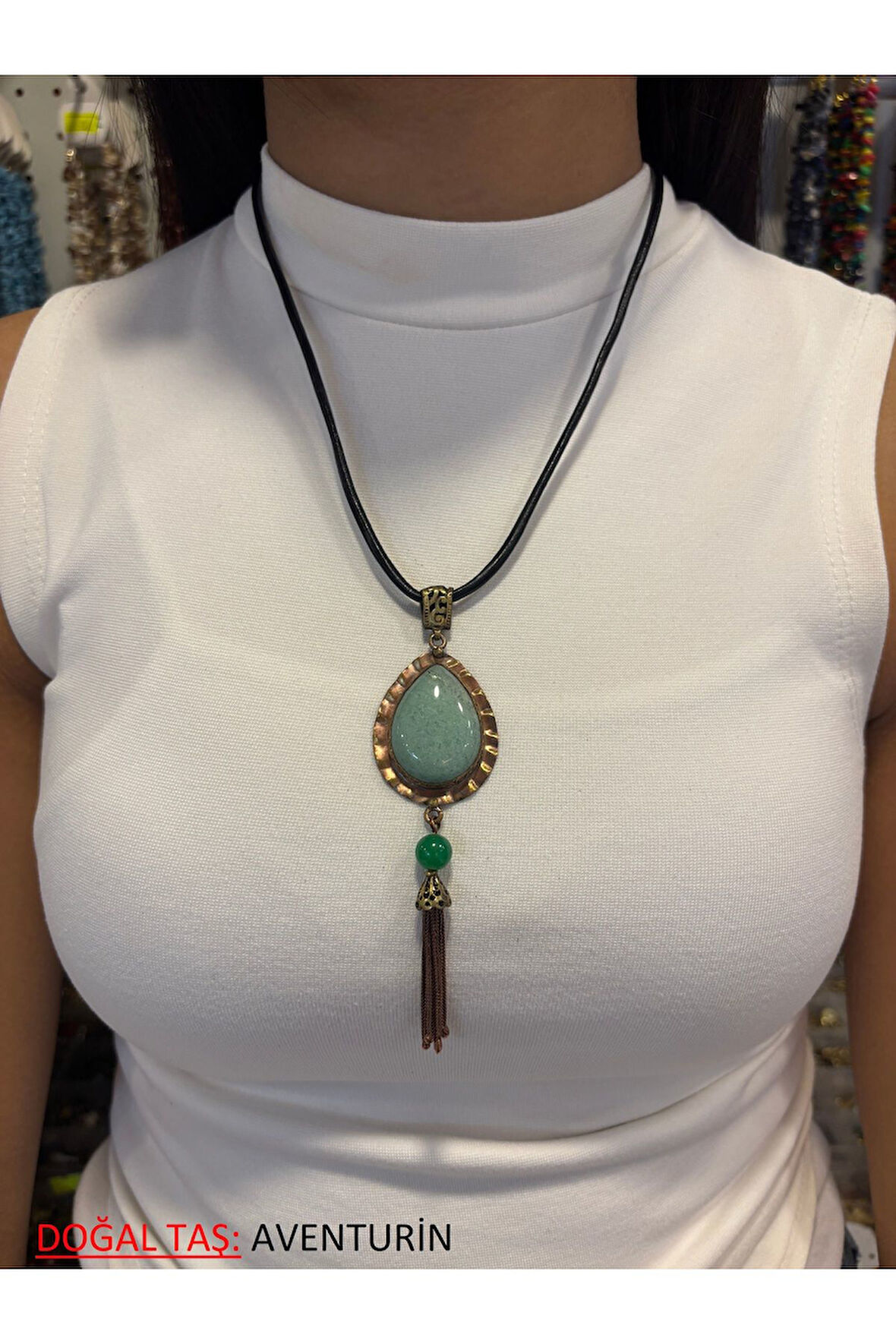 DOĞAL TAŞLI ÖZEL EL İŞLEMESİ BAKIR KOLYE