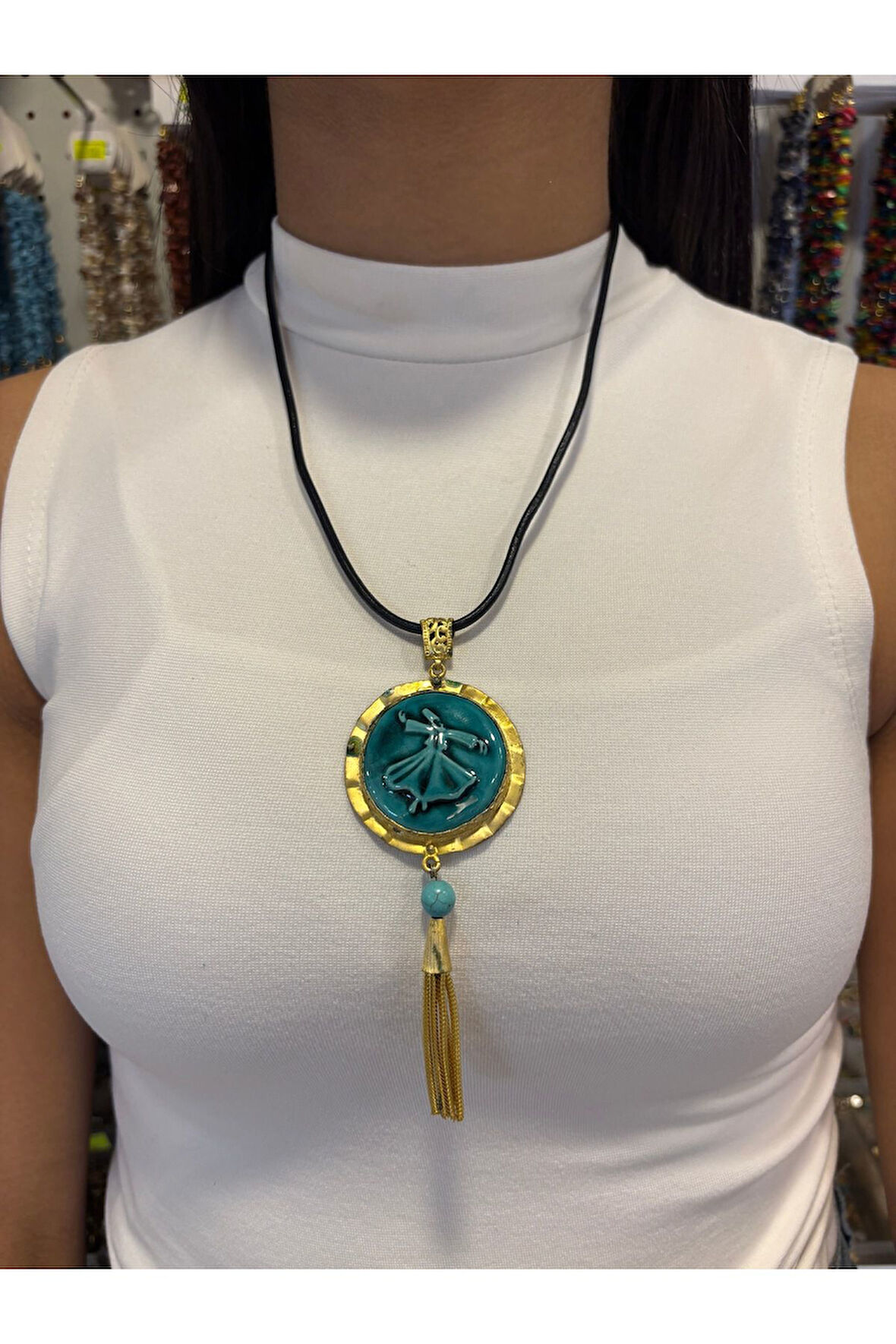 SERAMİK TAŞLI ÖZEL EL İŞLEMESİ BAKIR KOLYE