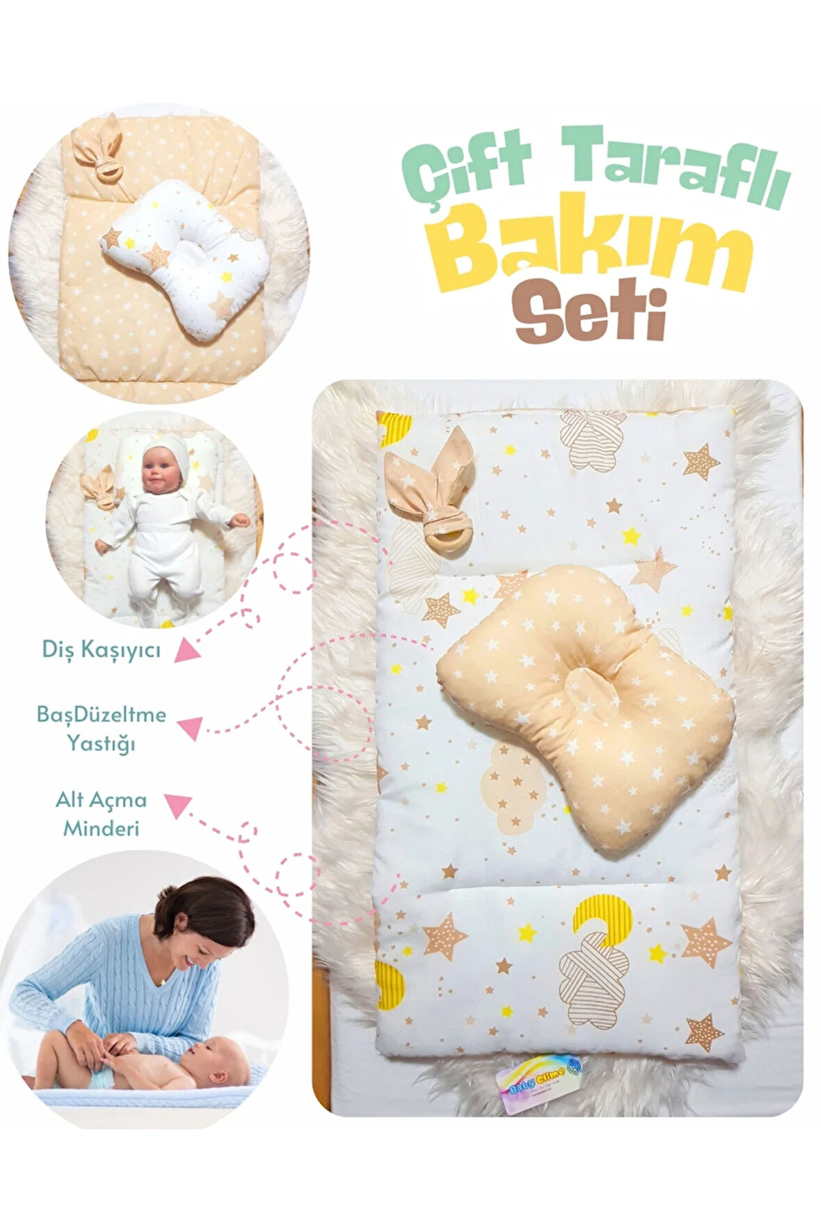 Çift Taraflı Bebek Bakım Seti - Alt Açma Minderi, Baş Düzeltme Yastığı ve Ahşap Diş Kaşıyıcı