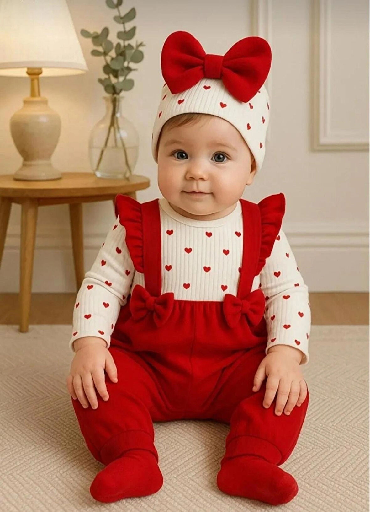 Kız Bebek Sevimli Kalpli Kırmızı Fırfırlı Askılı Yenidoğan Fiyonklu Bereli Tulum