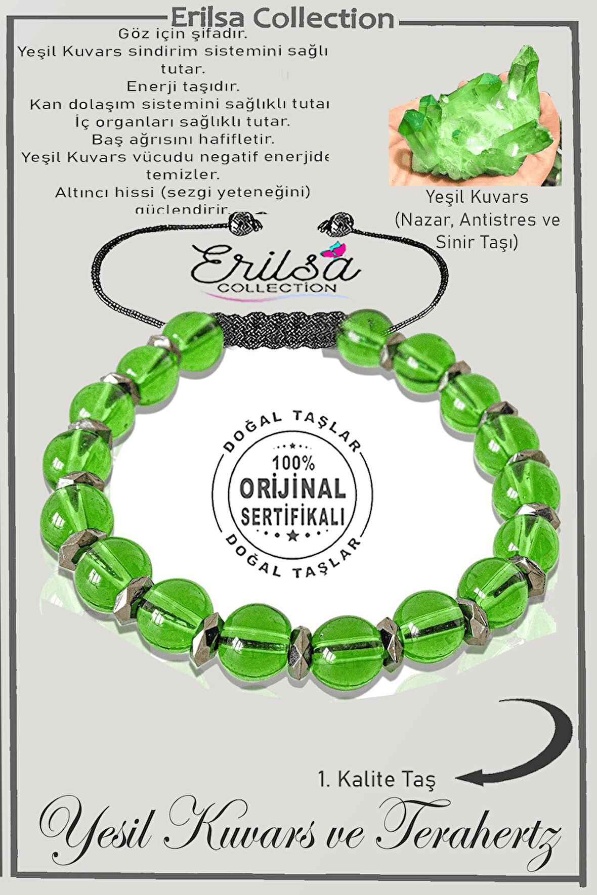 Sertifikalı Gerçek Hematit - Yeşil Kuvars Taşı Bileklik - Ayarlamalı