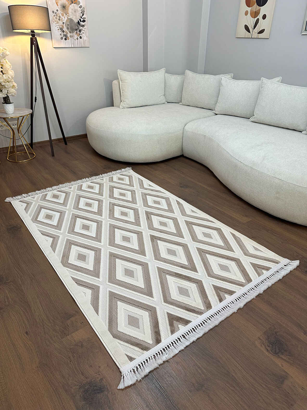 ARYA 5025-G Pamuk Dokuma Taban İskandinav Desenli Salon Koridor Mutfak Halısı-KREM/VİZON