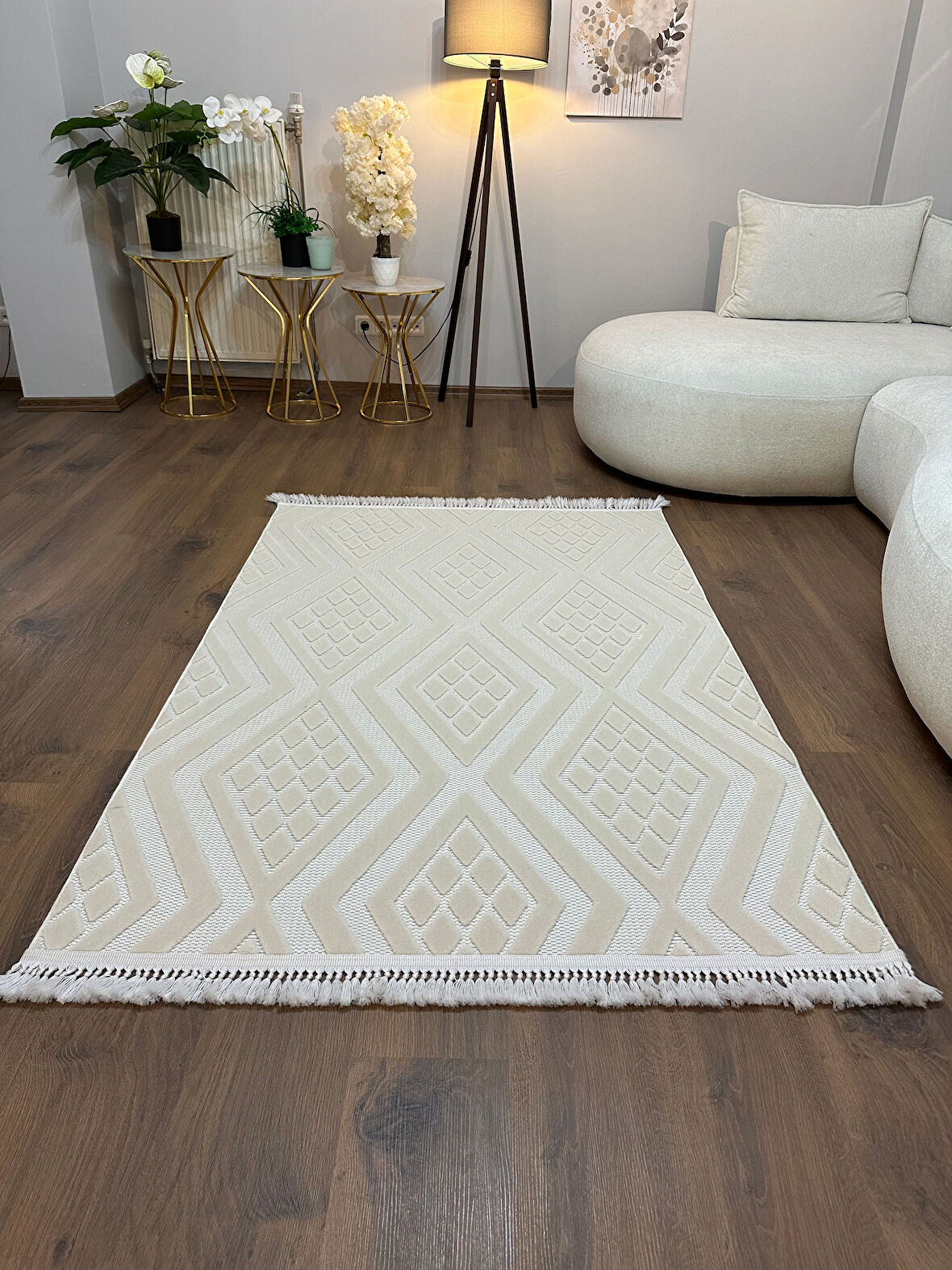 ARYA 5026-G Pamuk Dokuma Taban Geometrik Desenli Salon Halısı-KREM