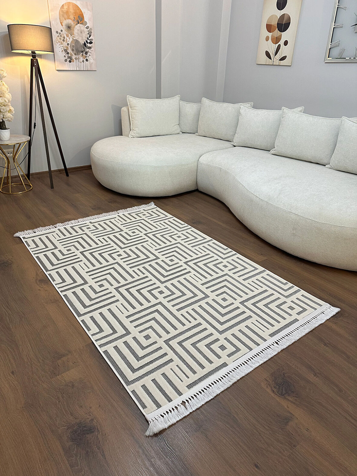 ARYA 5027-G Pamuk Dokuma Taban Geometrik Desenli Salon Koridor Mutfak Halısı-KREM/GRİ