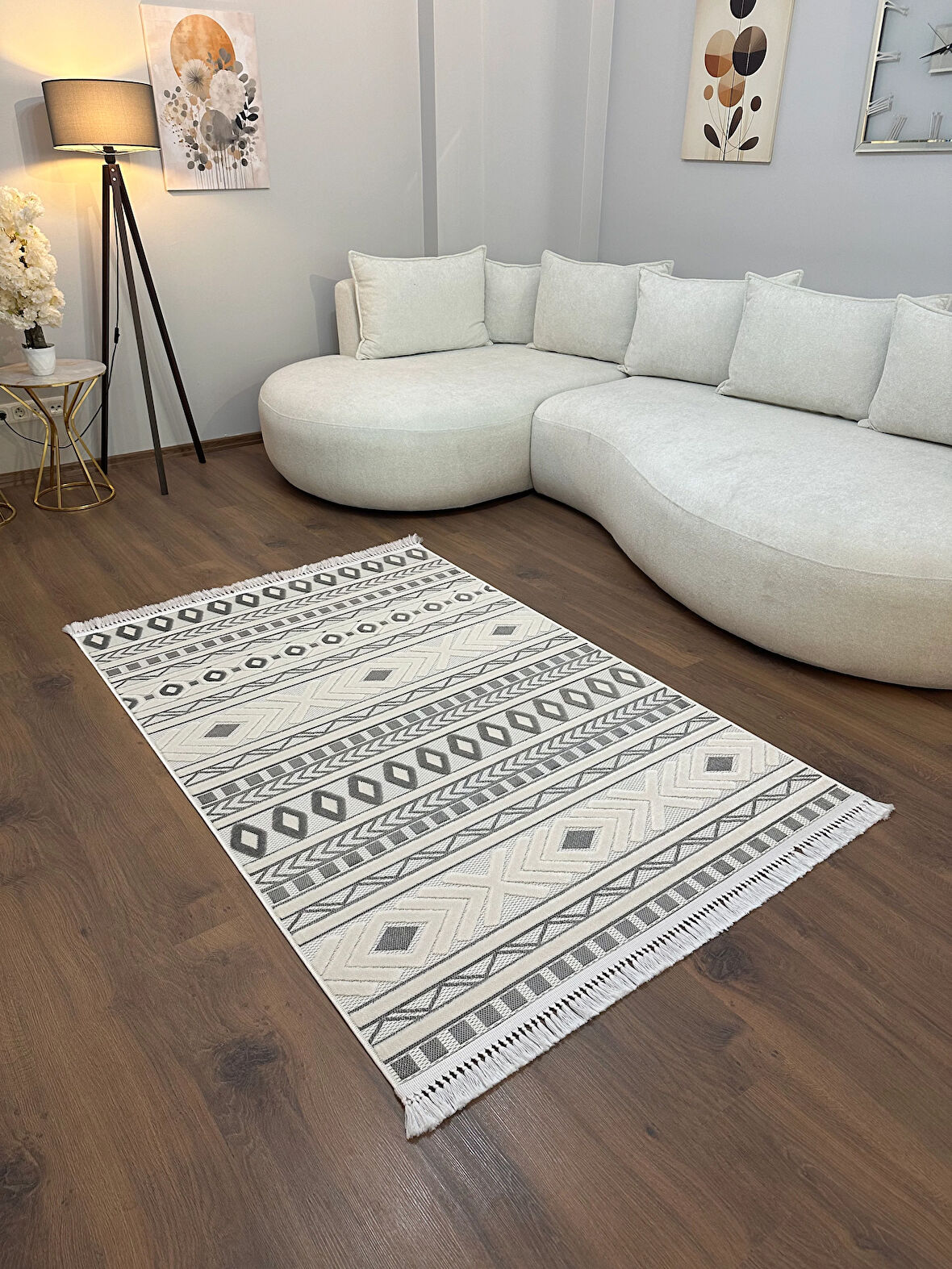 ARYA 5030-G Pamuk Dokuma Taban İskandinav Desenli Salon Koridor Mutfak Halısı-KREM/GRİ