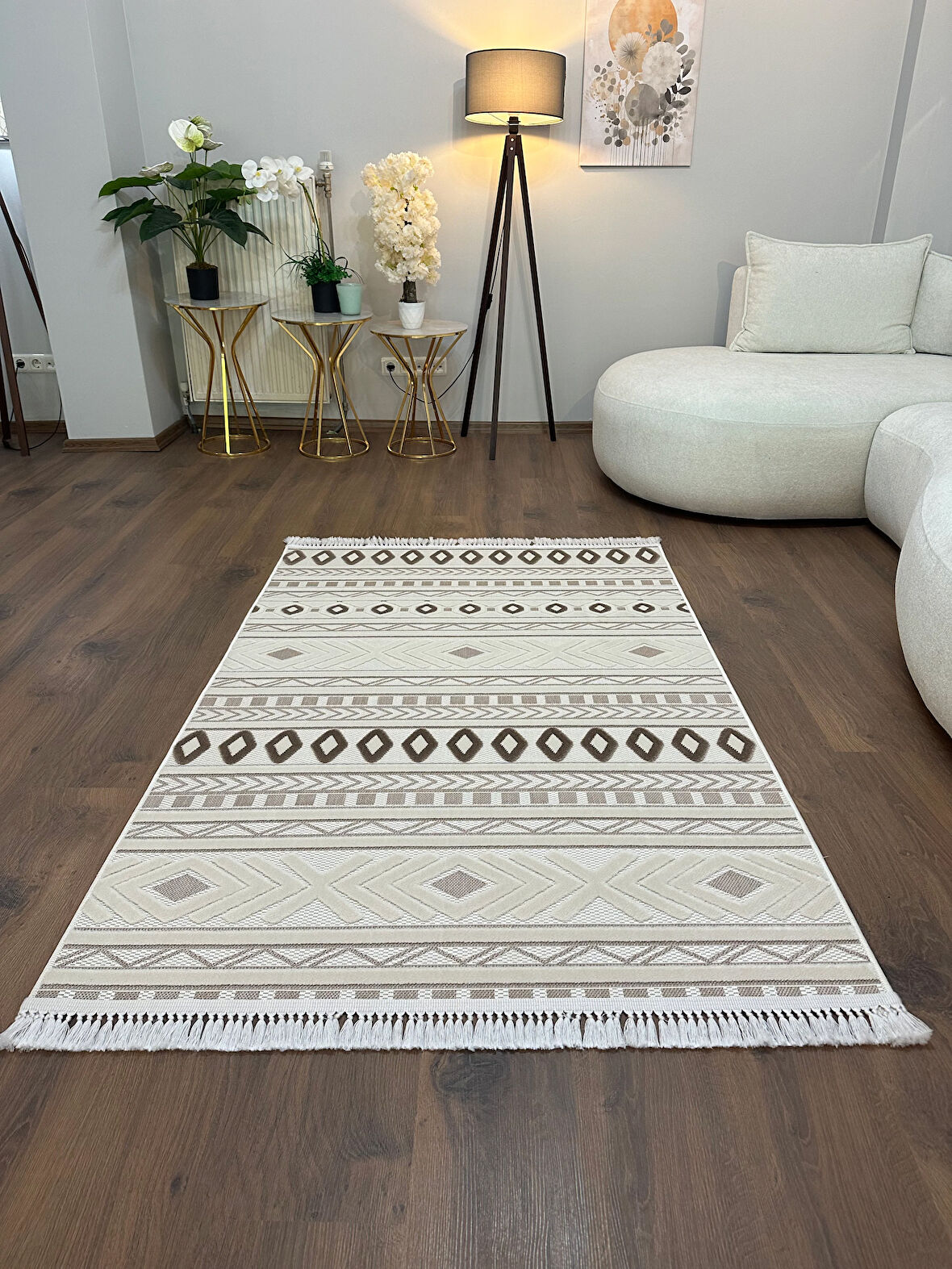 ARYA 5031-G Pamuk Dokuma Taban İskandinav Desenli Salon Koridor Mutfak Halısı-KREM/VİZON