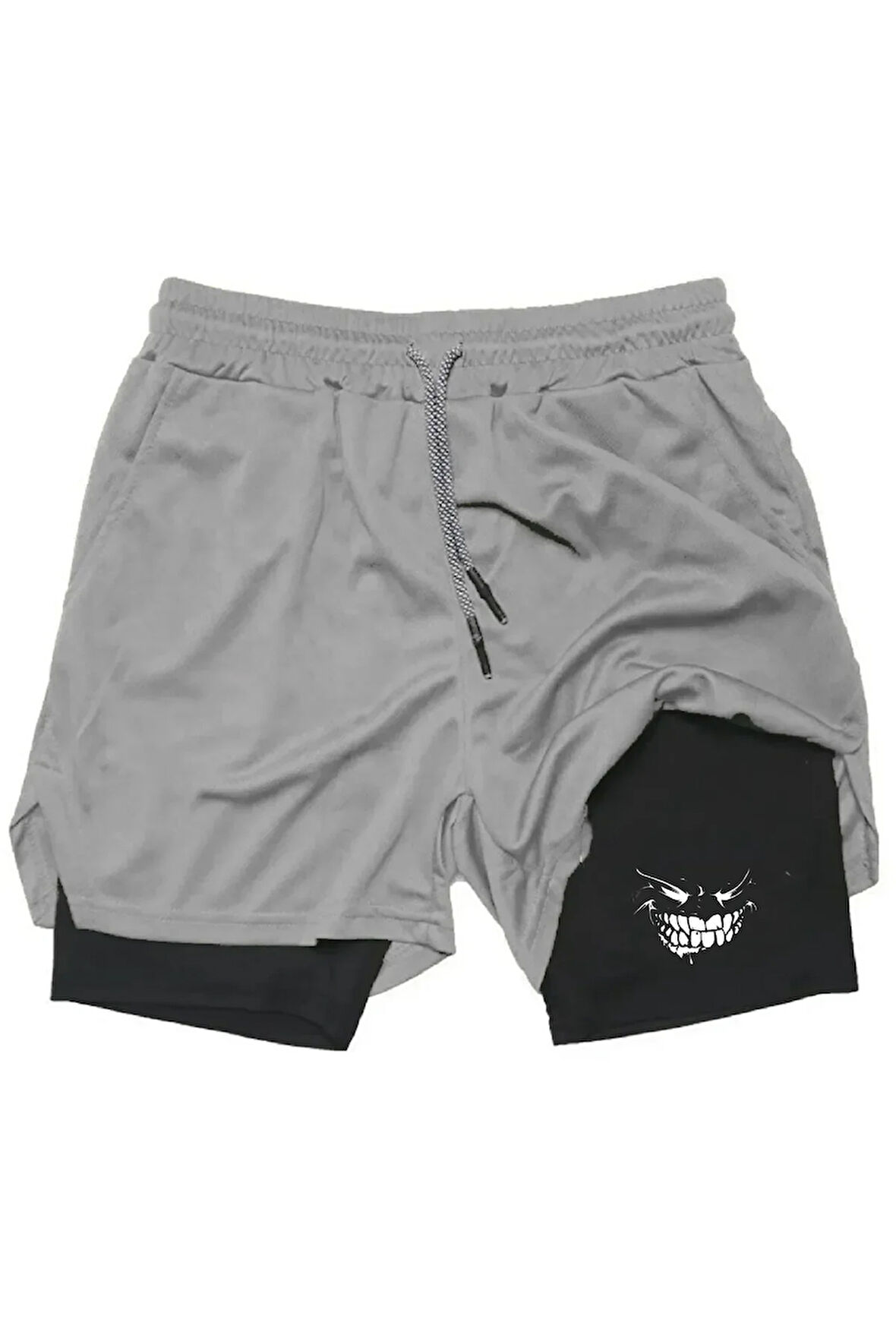 Baskılı Makiteks Sporcu Şortu, Alt Siyah Tayt Görünümlü Çok Cepli Taytlı Spor Şortu