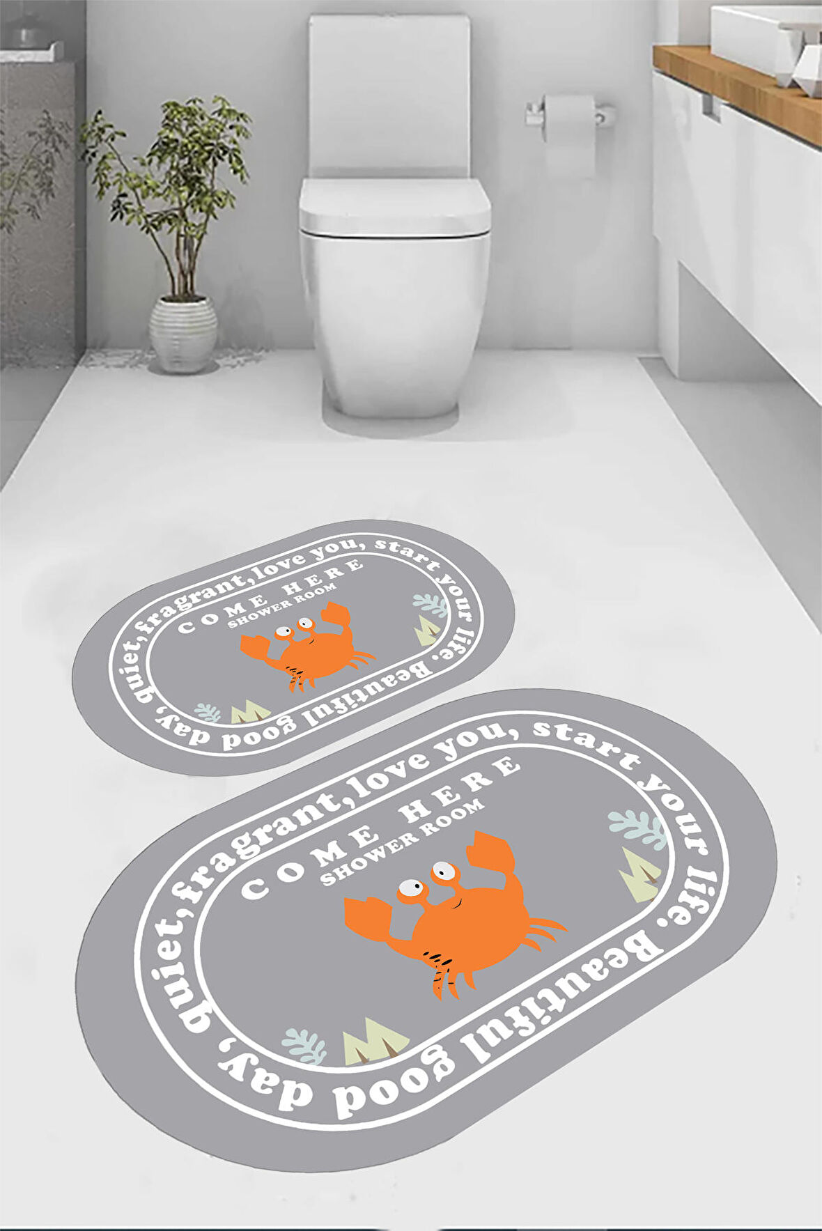 Sevimli Turuncu Yengeç Desen Gri Banyo Paspası, Yazılı Banyo Paspası, Kaymaz Taban Banyo Paspası, Oval Klozet Takımı, Yıkanabilir Klozet Takımı