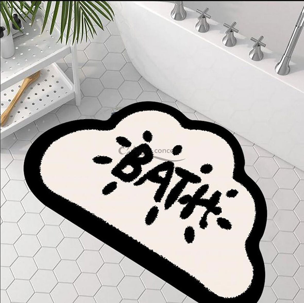 Bath Yazılı Paspas, Bulut Şekilli Banyo Paspası, Dekoratif Paspas, Krem Siyah Paspas 60x100 Paspas