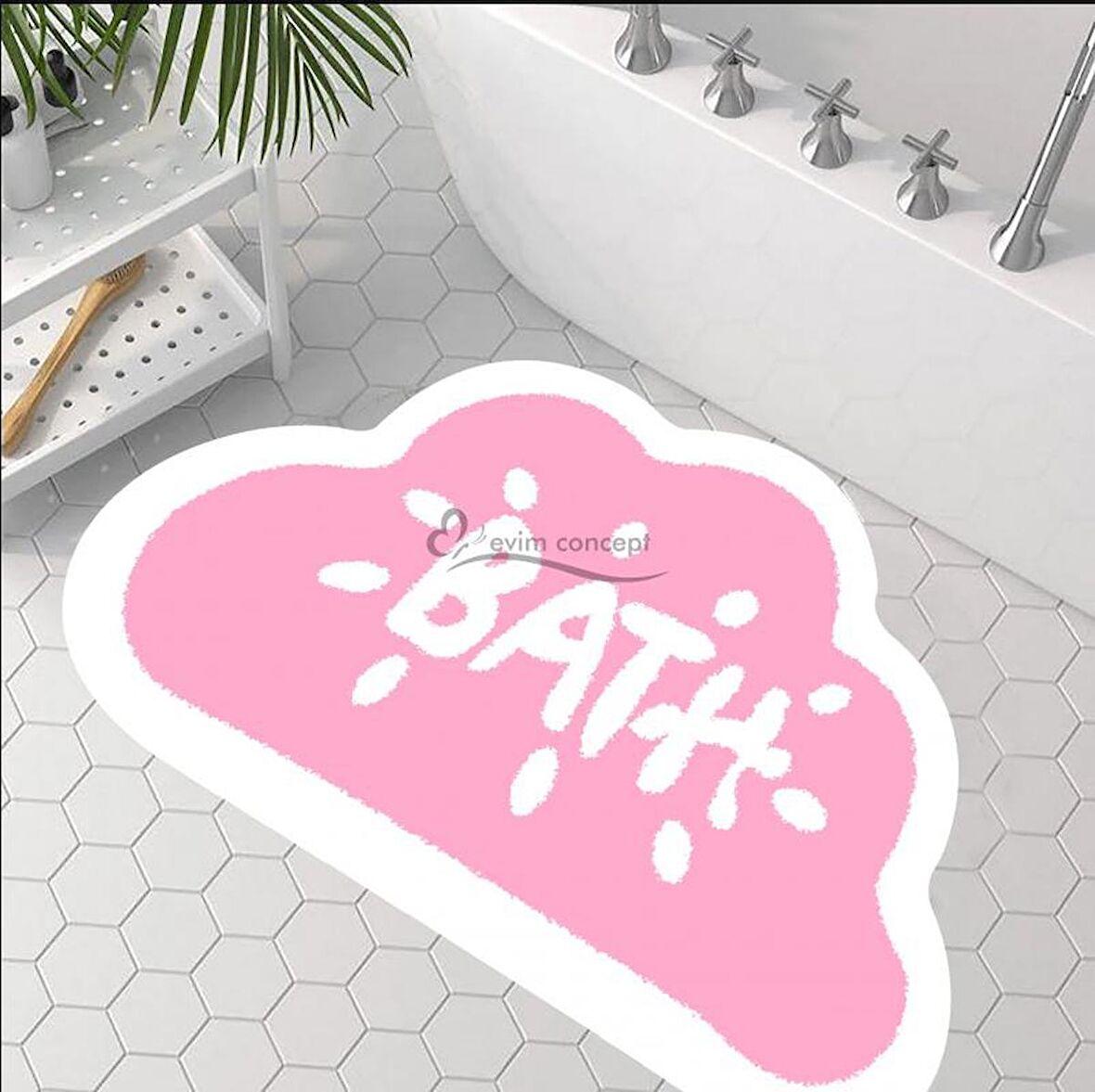 Bath Yazılı Paspas, Bulut Şekilli Banyo Paspası, Dekoratif Paspas, Krem Pembe Paspas 60x100 Paspas