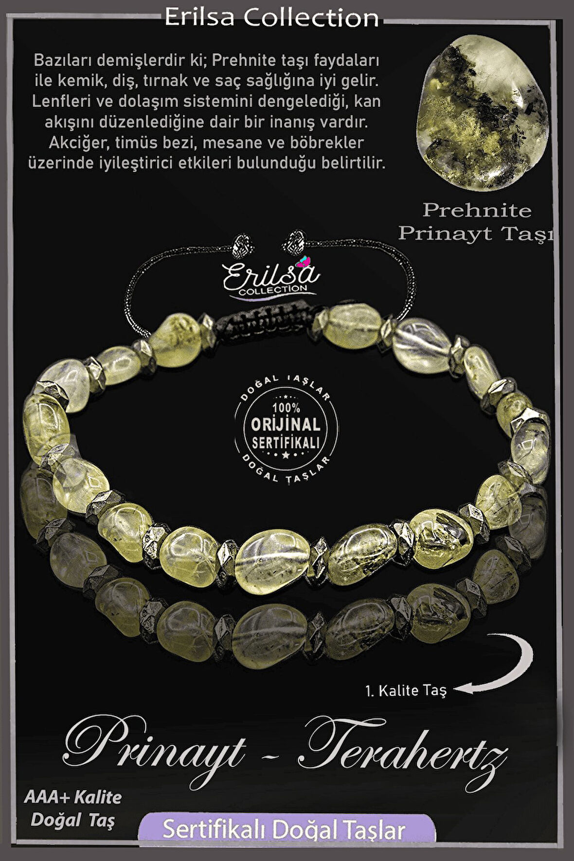 Sertifikalı Amorf Model AAA+ Terahertz - Prinayt Taşı Bileklik (Prehnite Taşı)