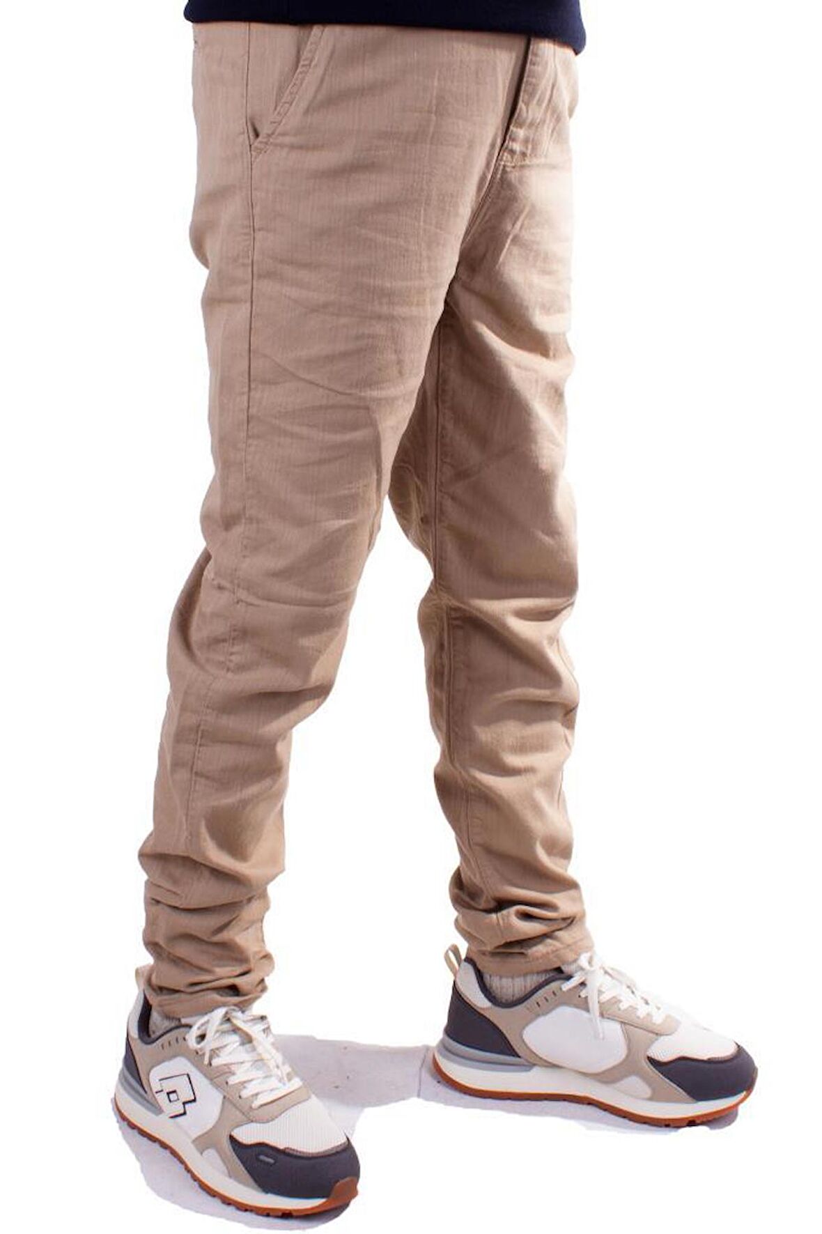 Twister Slim Jogger3-011 Bej Yüksek Bel Dar Paça Erkek Keten Pantolon