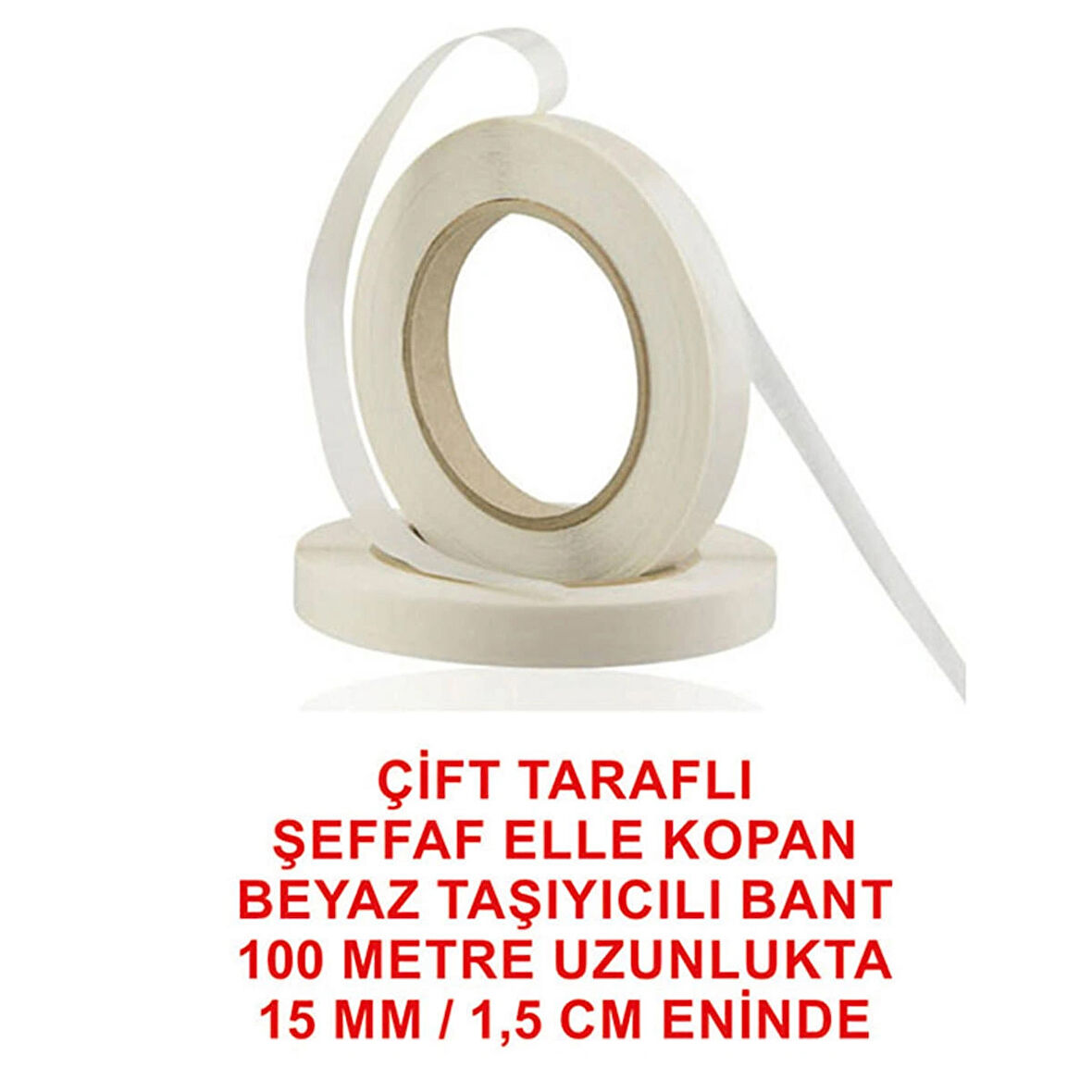 Çift Taraflı Beyaz Şeffaf Elle Kopan Bant 100 metre uzunlukta (10 mm-1 cm) enindedir.