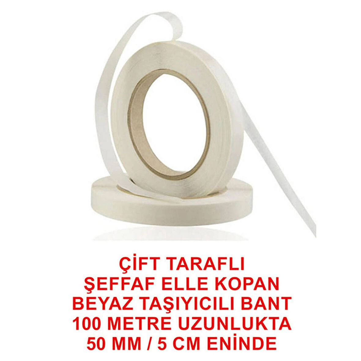 Çift Taraflı Beyaz Elle Kopan Şeffaf Bant 100 metre uzunlukta (50 mm - 5 cm) eninde