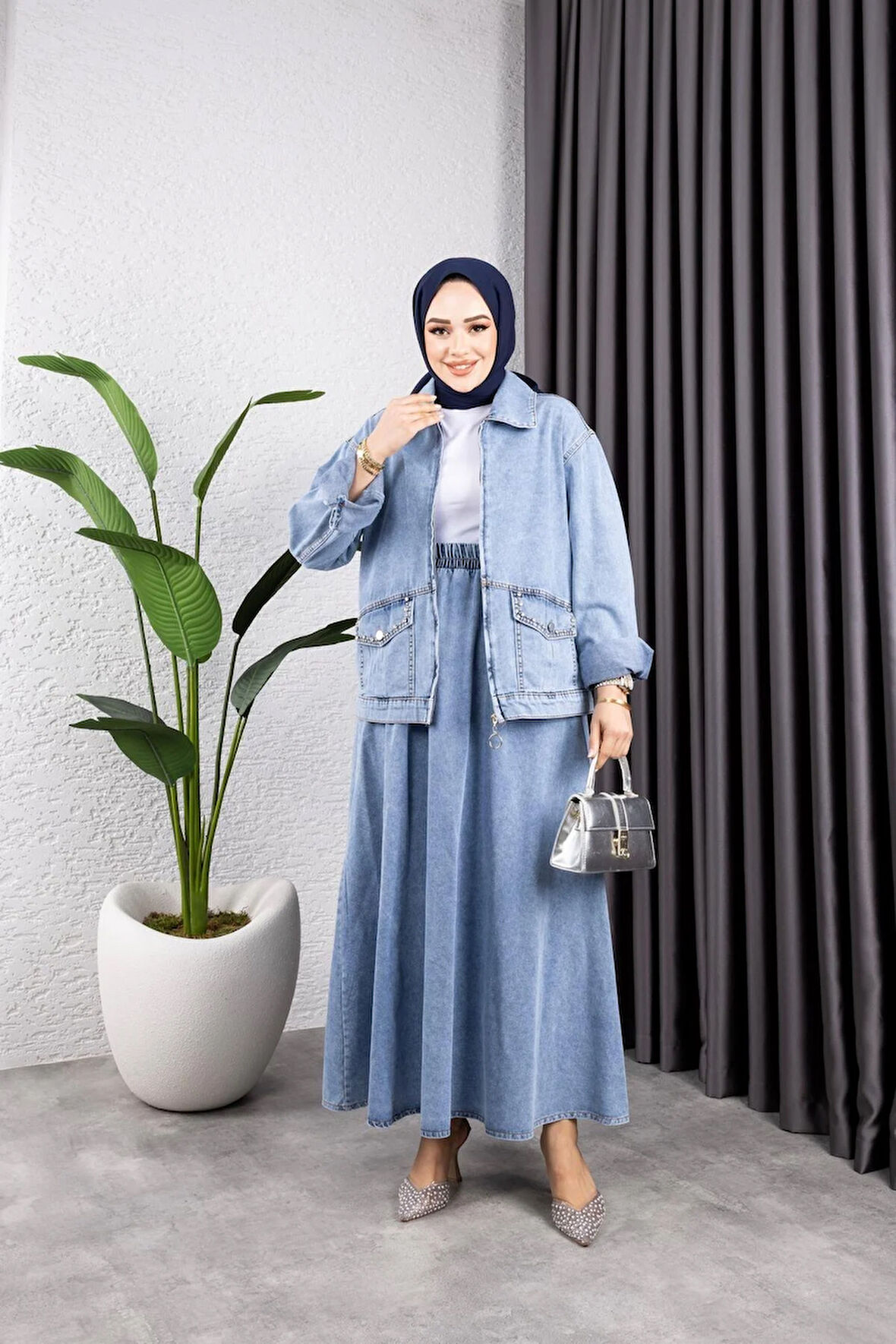 Kadın 2Li Takım Kot Ceket Ve Beli Lastikli Etek