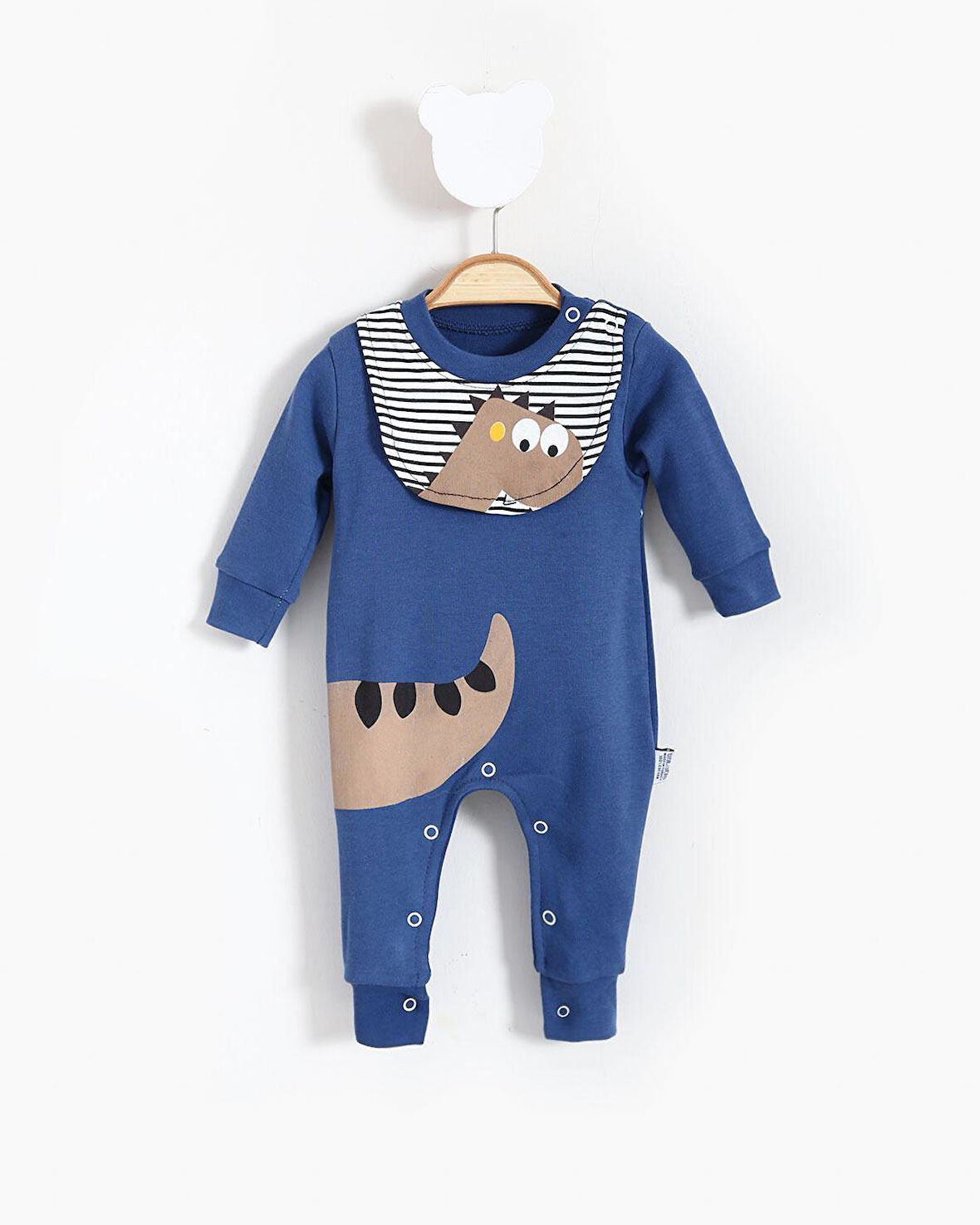 Dinazor Görselli ve Önlük Detaylı Bebek Tulum Mavi | 3-6 AY