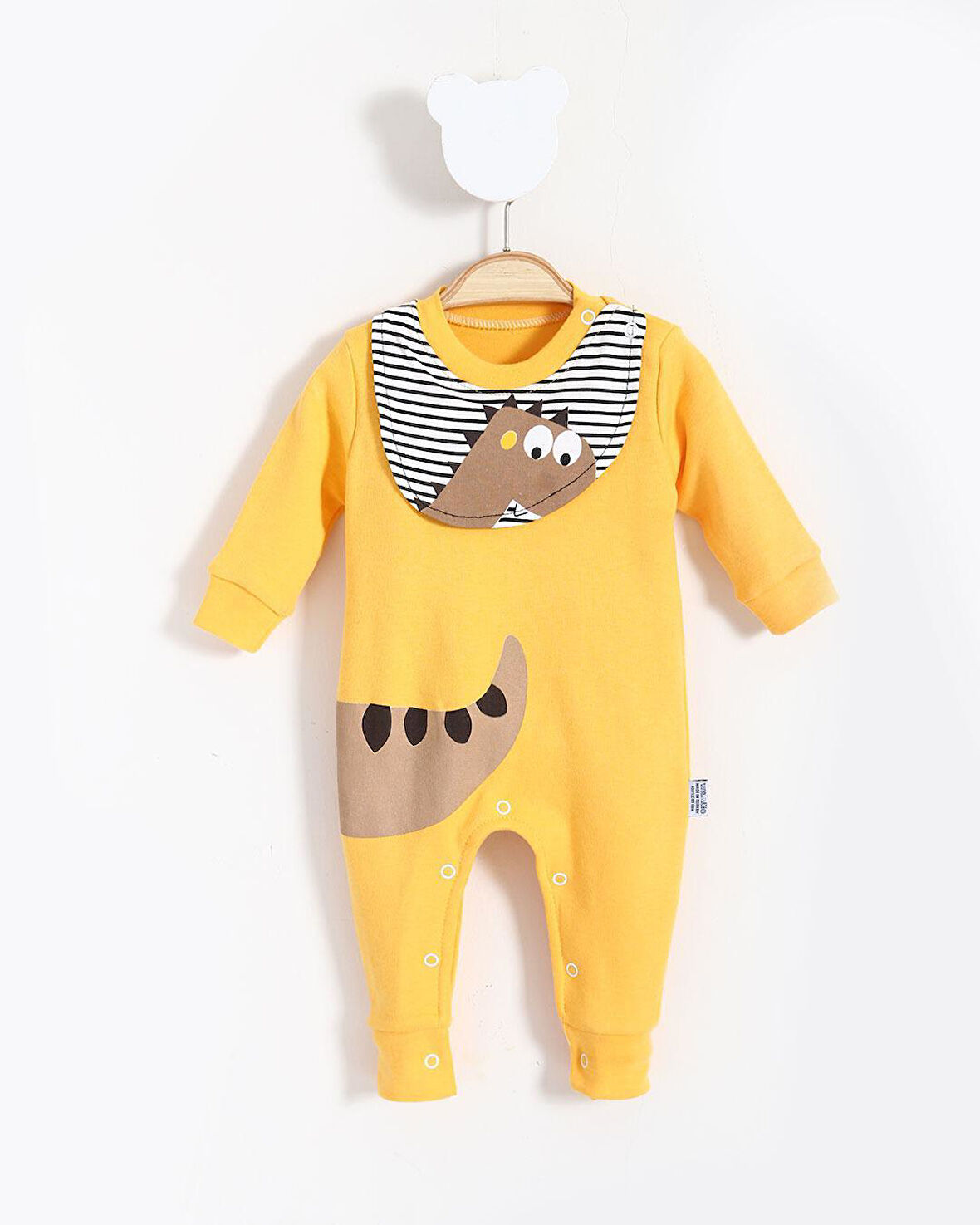 Dinazor Görselli ve Önlük Detaylı Bebek Tulum Sarı | 3-6 AY