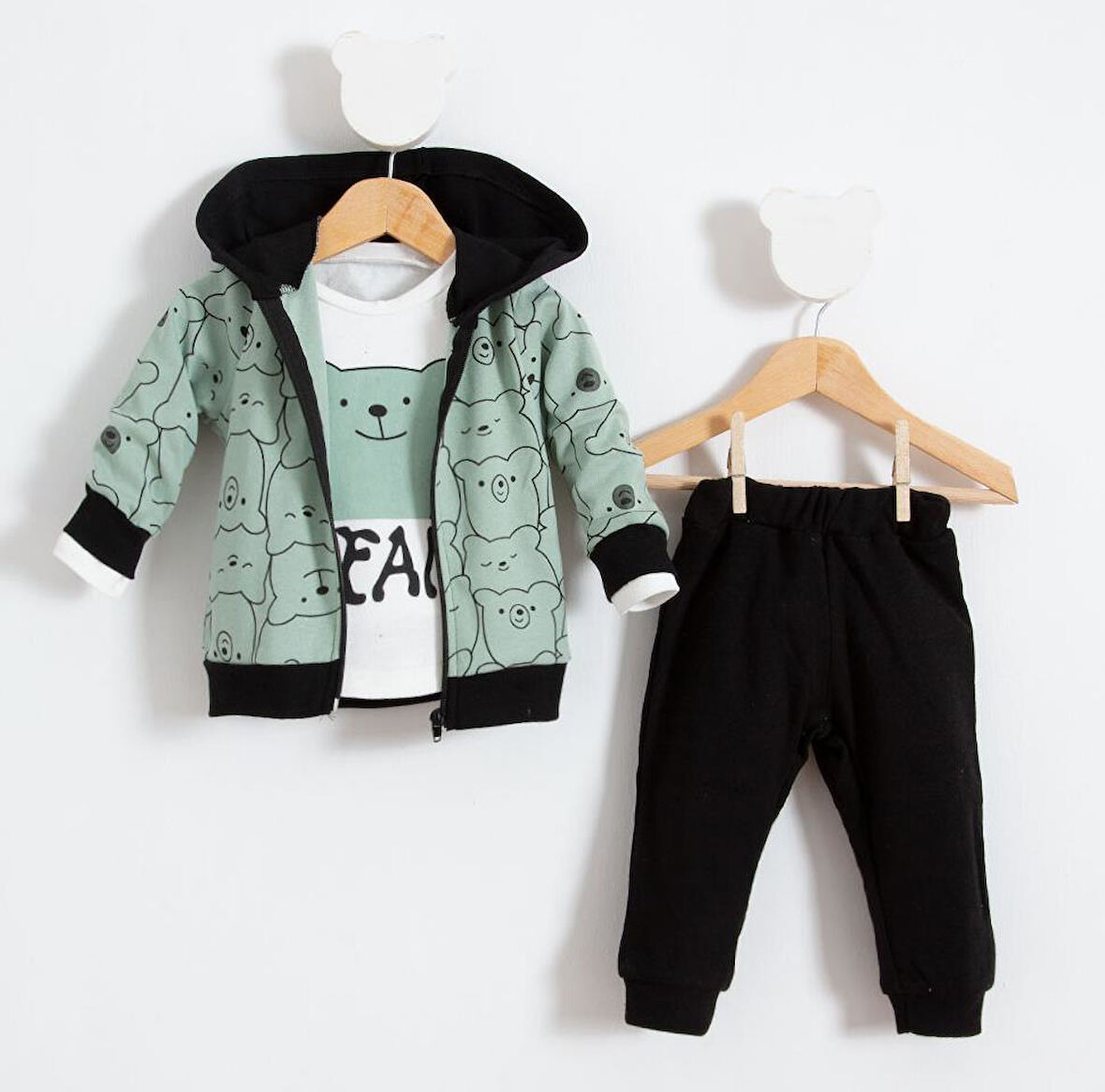 Hello Ayılar Desenli 3'lü Bebek Takım Yeşil | 9-12 Ay