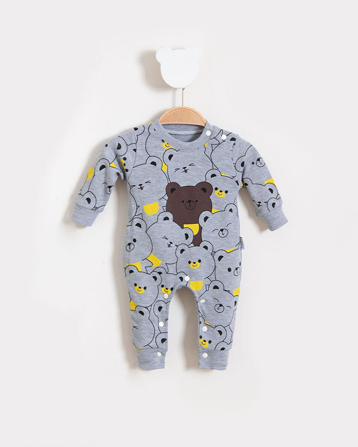 Sevimli Ayılar Görselli Bebek Tulum Gri | 0-3 AY