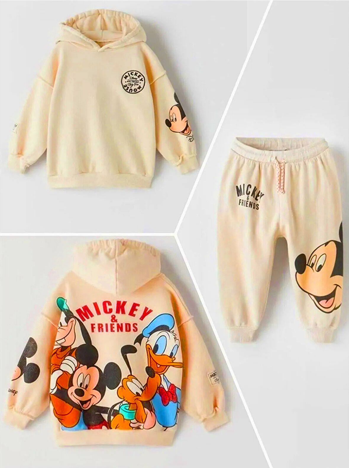 Mickey Mouse Görselli Kapüşonlu Bebek Çocuk Alt Üst Takım-Bej | 1 Yaş