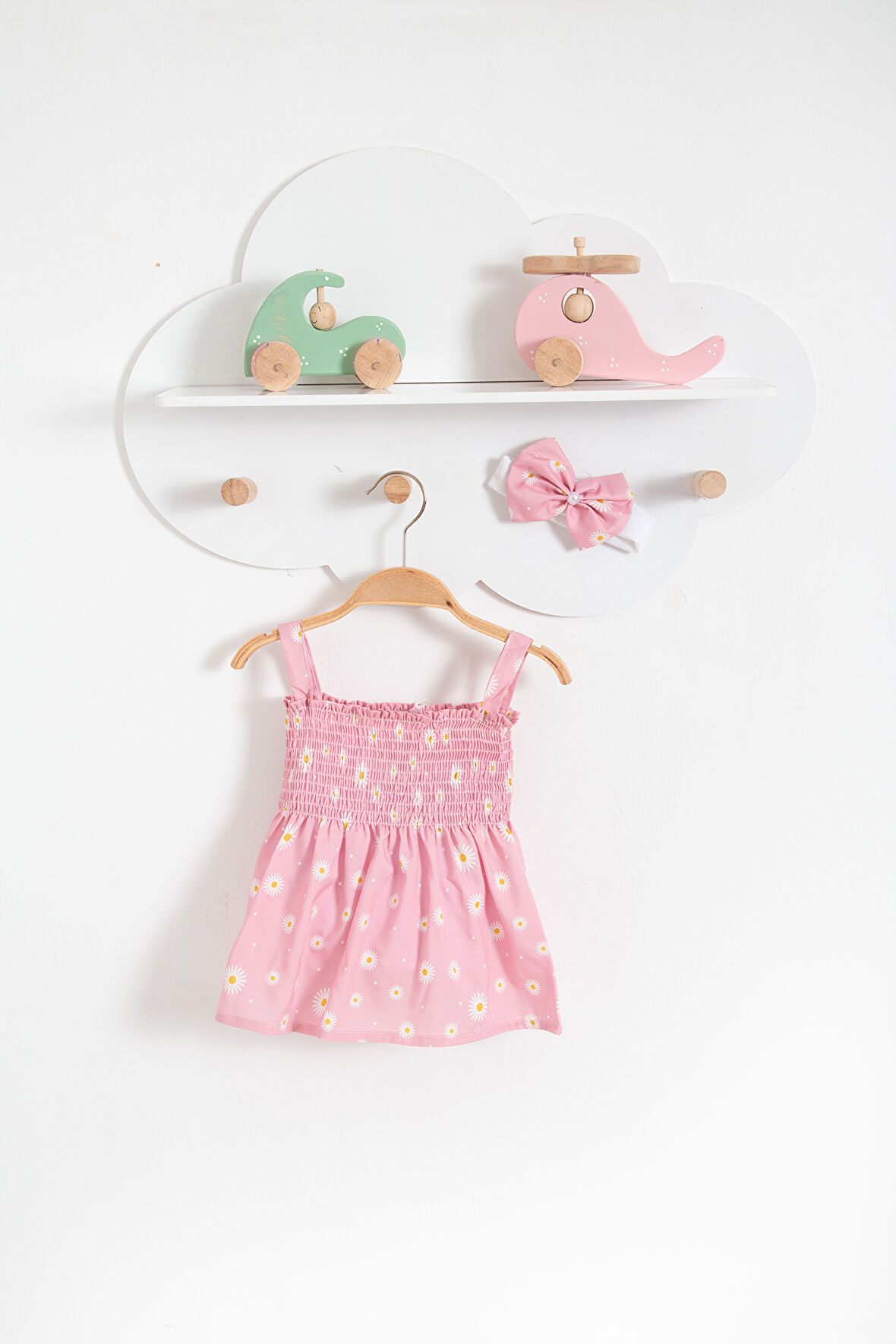 Papatya Görselli Bandanalı Yazlık Bebek Elbise-Pembe | 9-12 ay