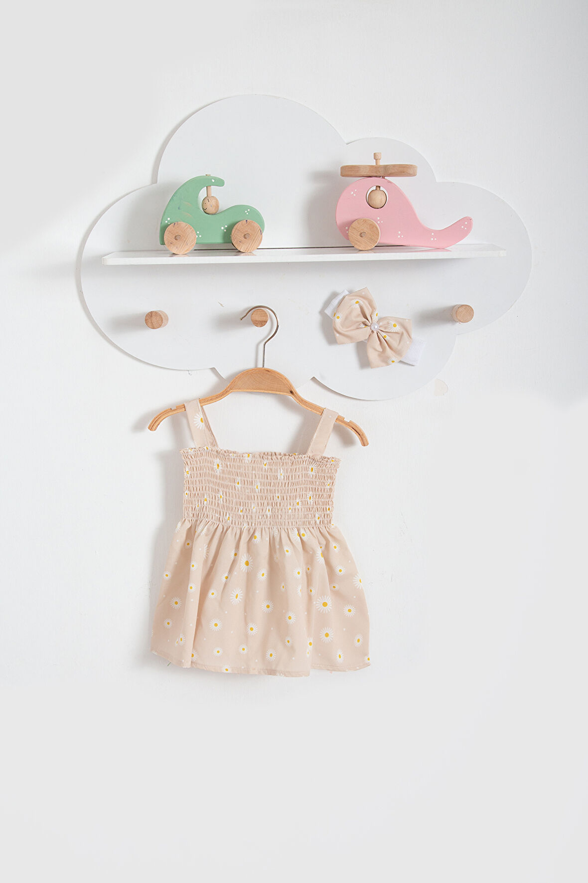 Papatya Görselli Bandanalı Yazlık Bebek Elbise-Bej | 9-12 ay