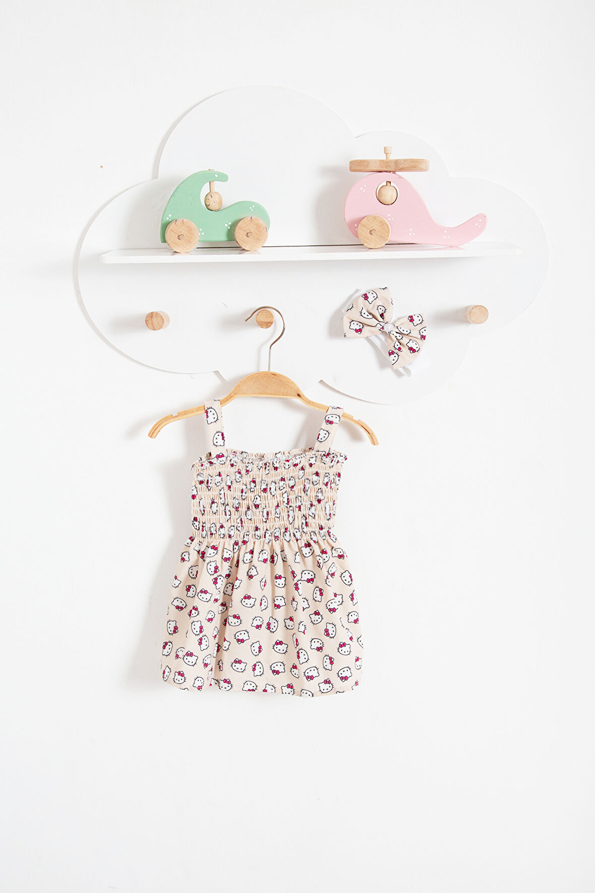 Hello Kitty Görselli Bandanalı Yazlık Bebek Elbise-Bej | 6-9 ay